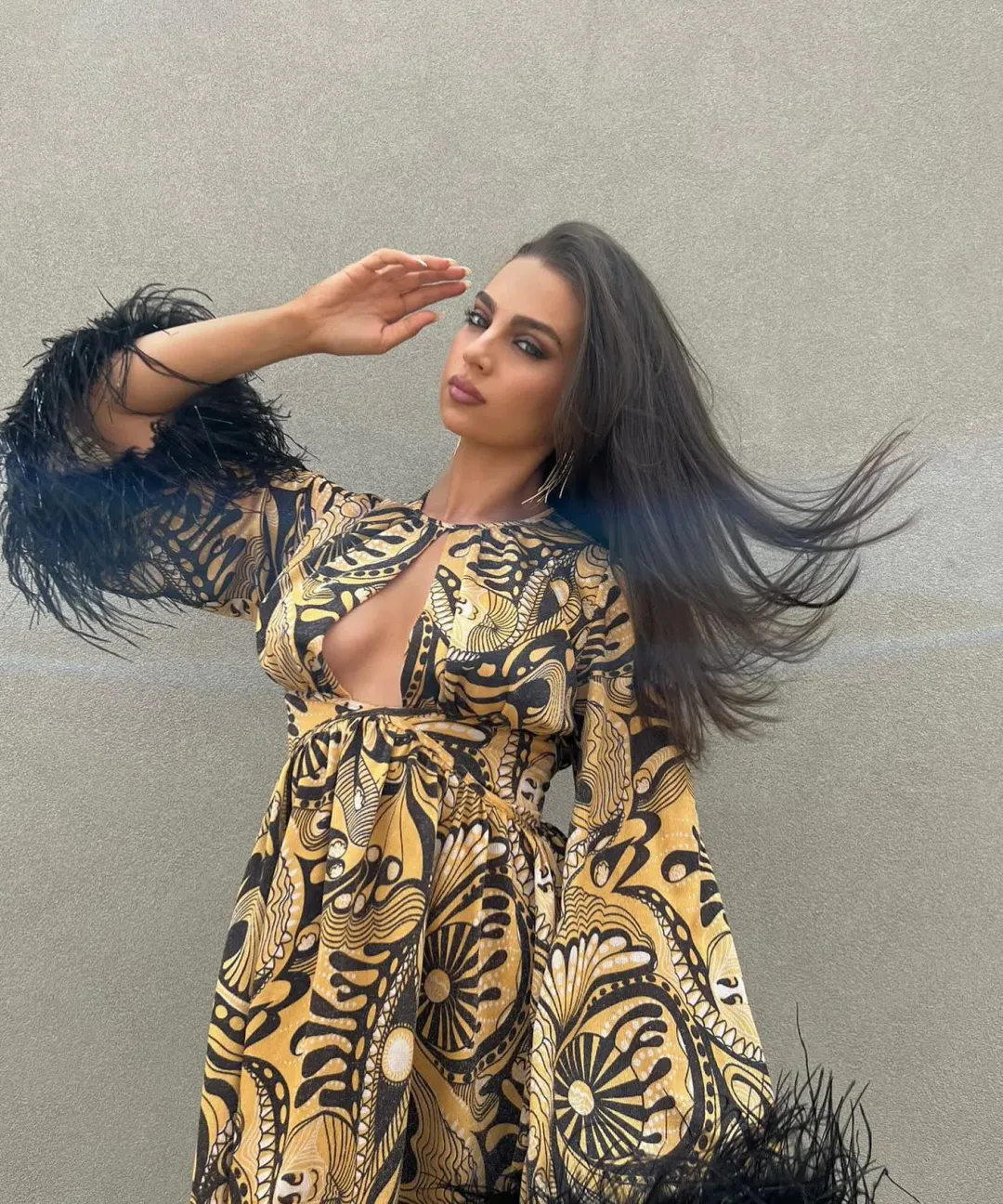 Alice McCall Gold Dust Feather Mini Dress Print Size 6  for rent on The Volte - main image