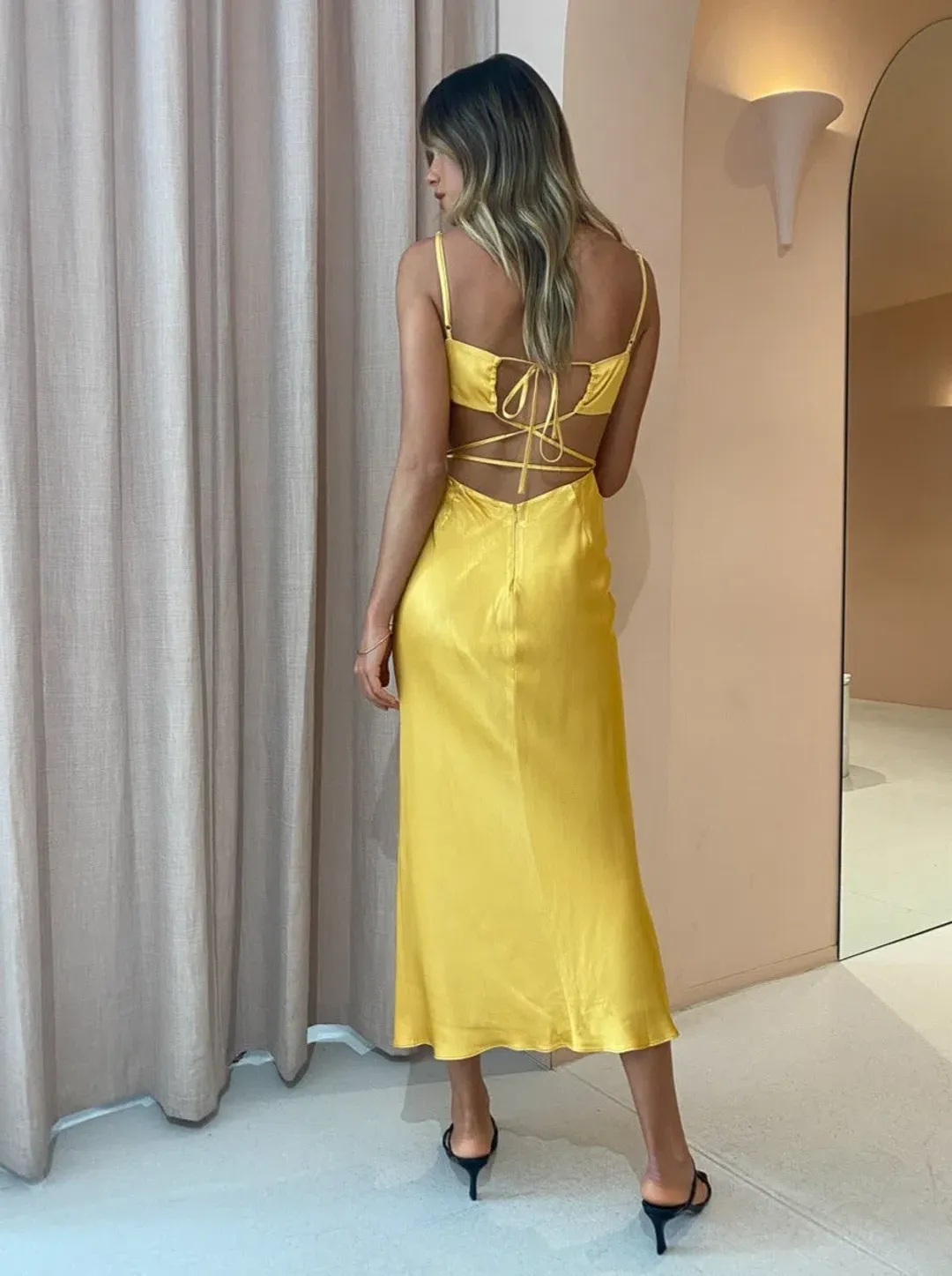 Shona Joy Alma Backless Midi Dress in Yellow Size 6 for rent on The Volte - main image