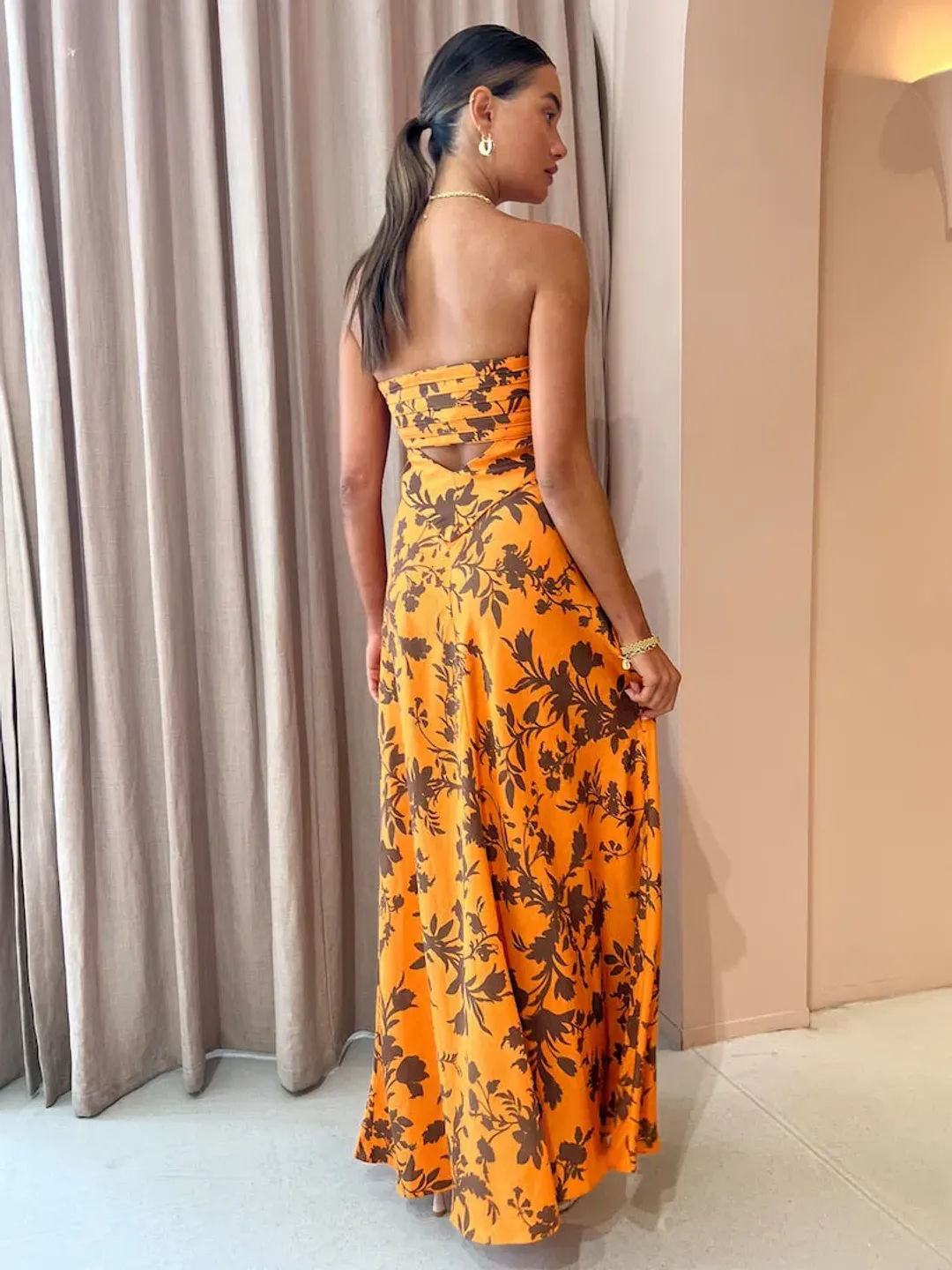 Shona Joy Uli Corded Strapless  Maxi Dress Orange Floral Size 8 / S for rent on The Volte - main image