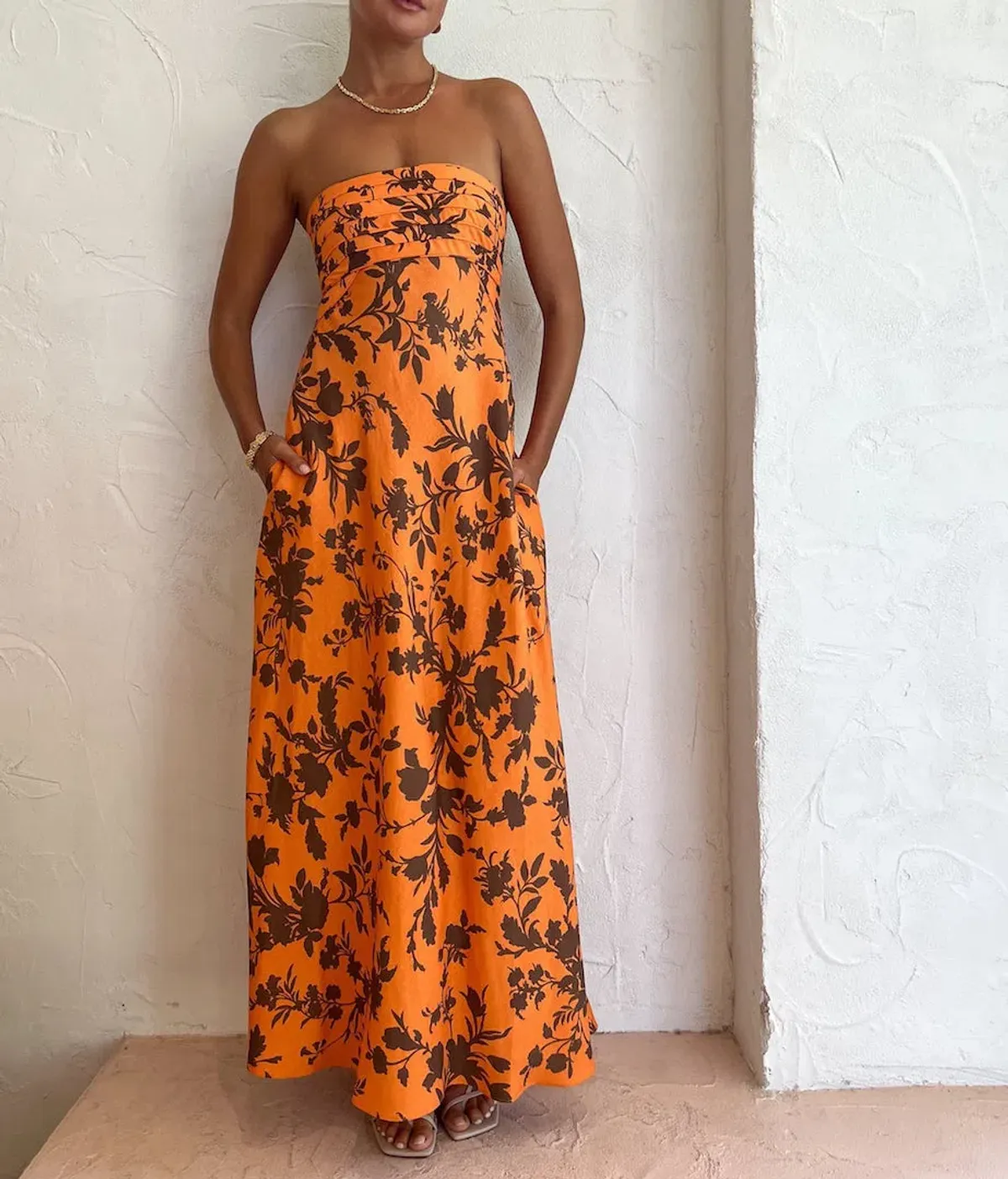 Shona Joy Uli Corded Strapless  Maxi Dress Orange Floral Size 8 / S - Image 1