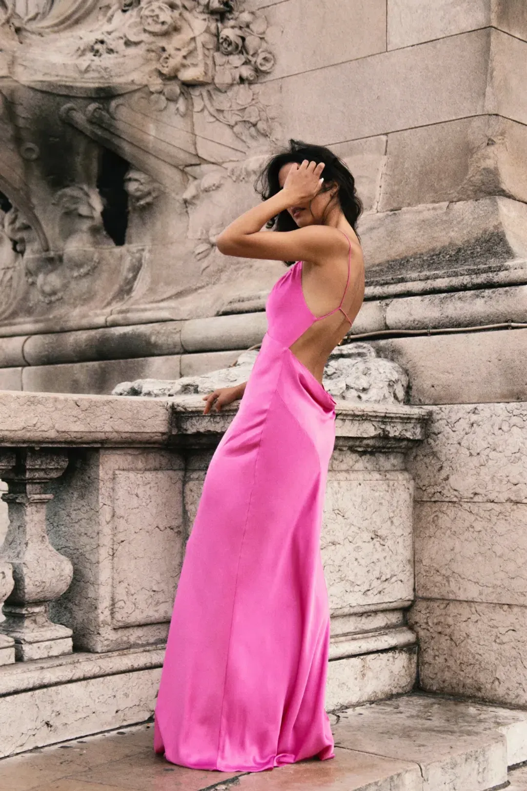 Meshki Sadie Satin Halter Ruched Slip Maxi Dress Pink Size 8  for rent on The Volte - main image