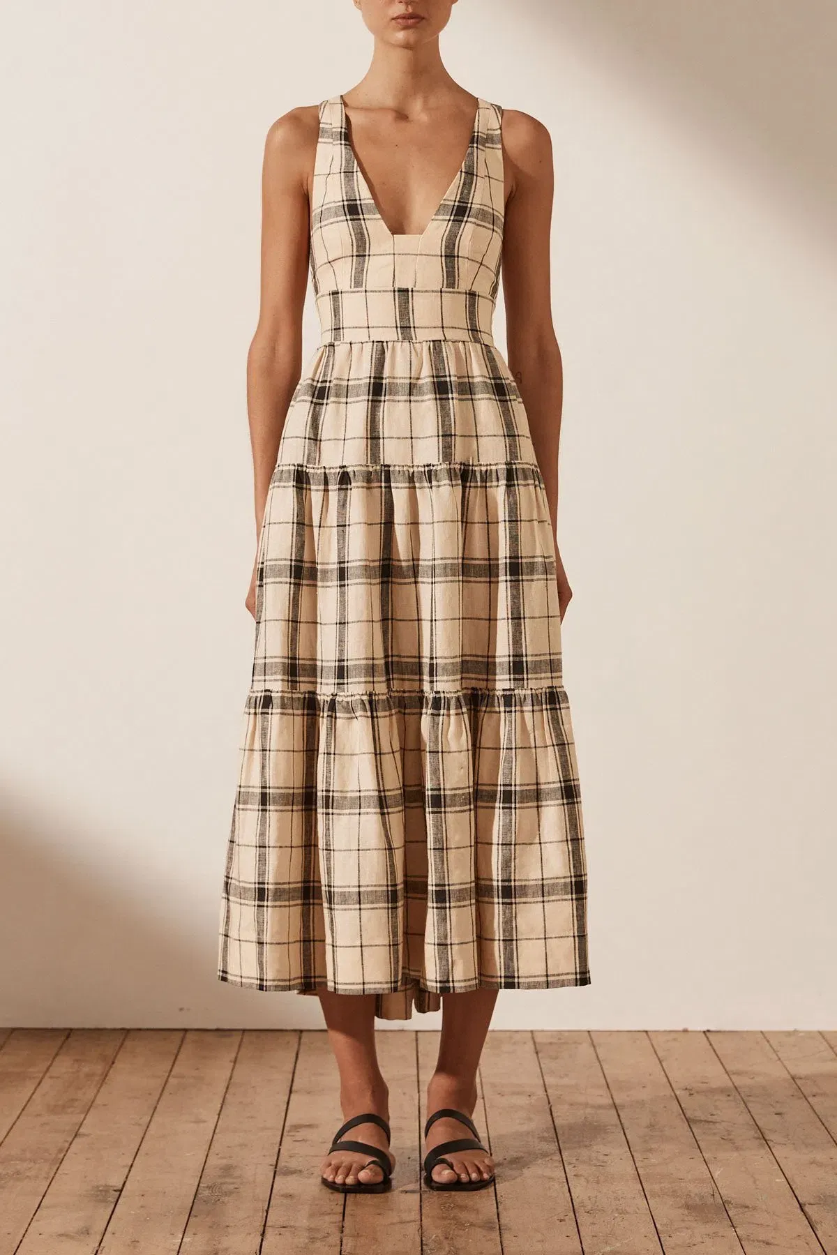 Shona Joy Linen Plunge Dress Cross Back Midi Dress Print Size 10 - Image 2