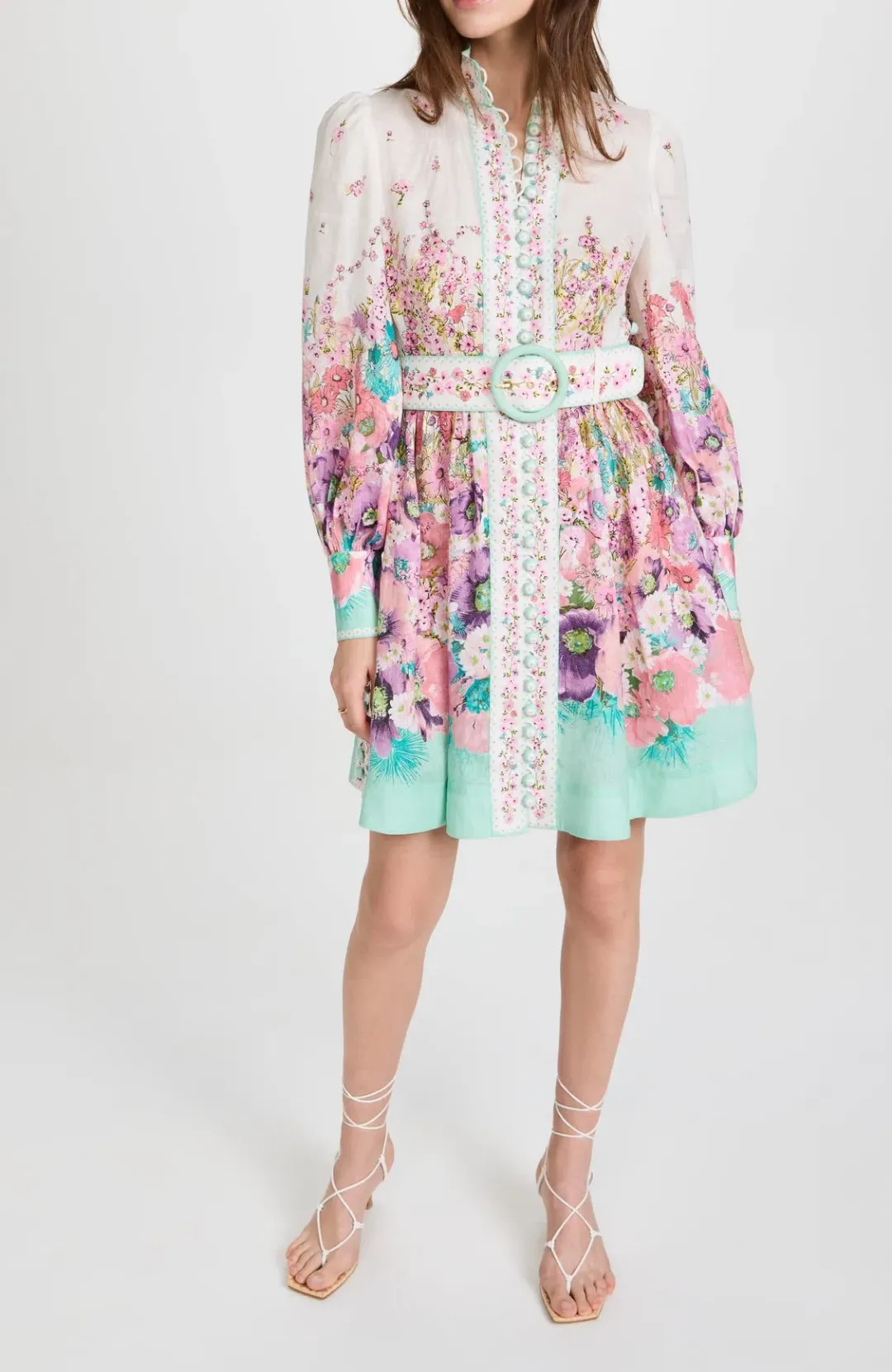 Zimmermann Jude Buttoned Mini Dress Aqua Gradient Floral Size 2 / AU 12 for rent on The Volte - main image