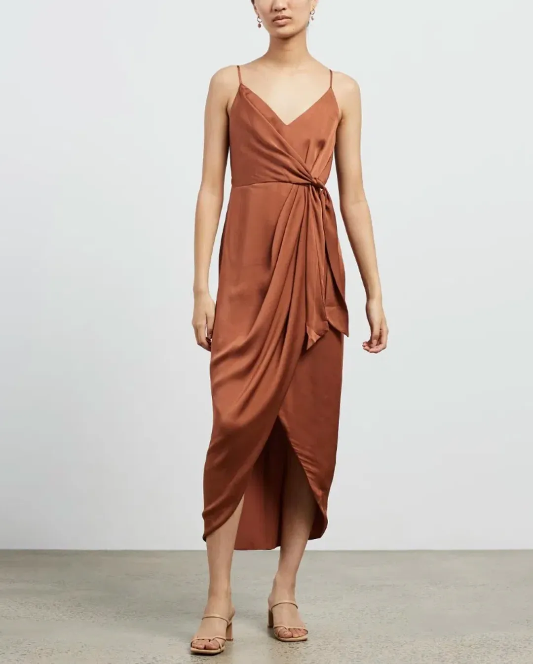 Shona Joy Luxe Tie Front Cocktail Dress Mocha Size 10  for rent on The Volte - main image