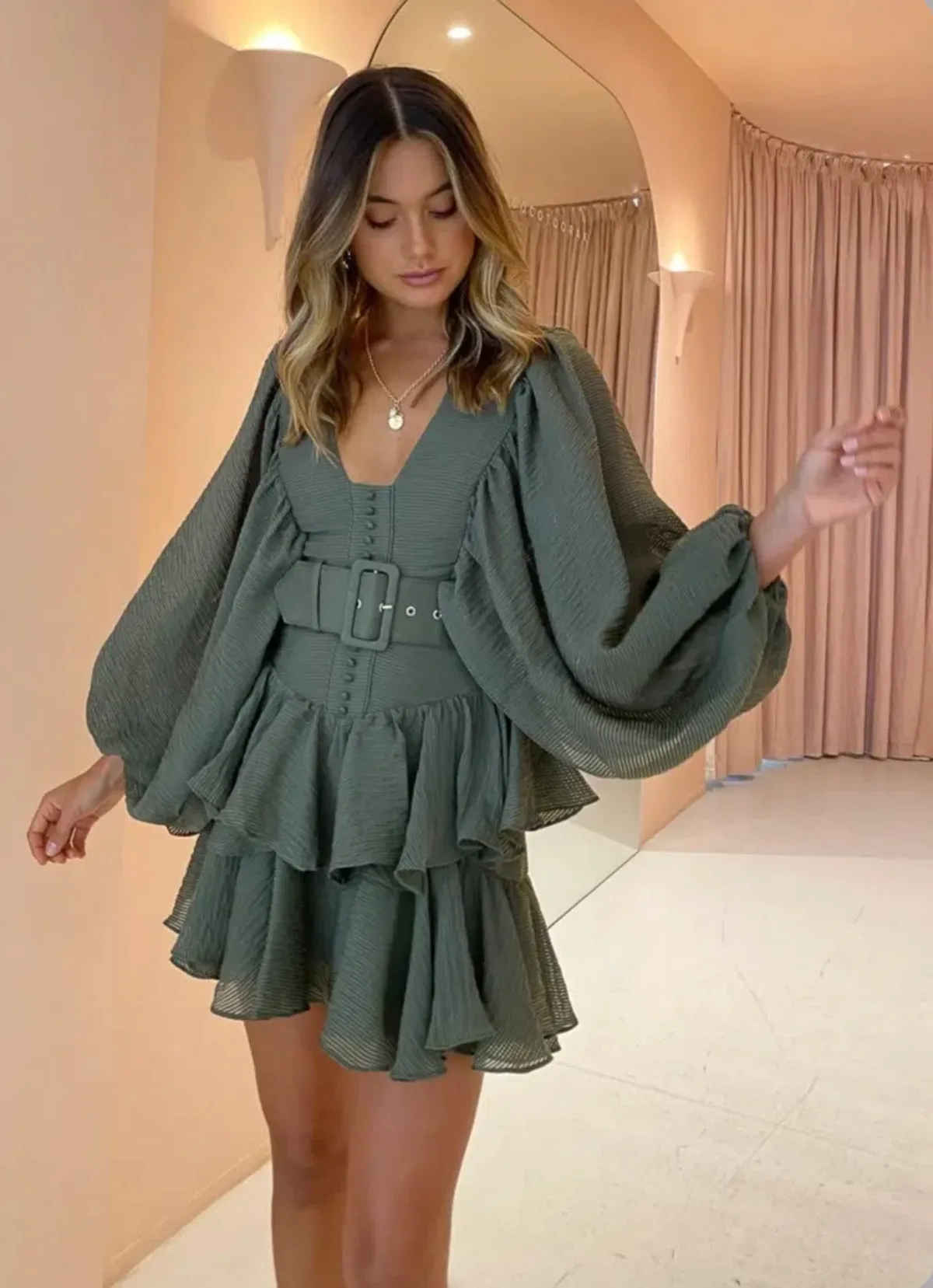 Shona Joy Charlotte Plunged Dress in Khaki Size 10 - Image 4