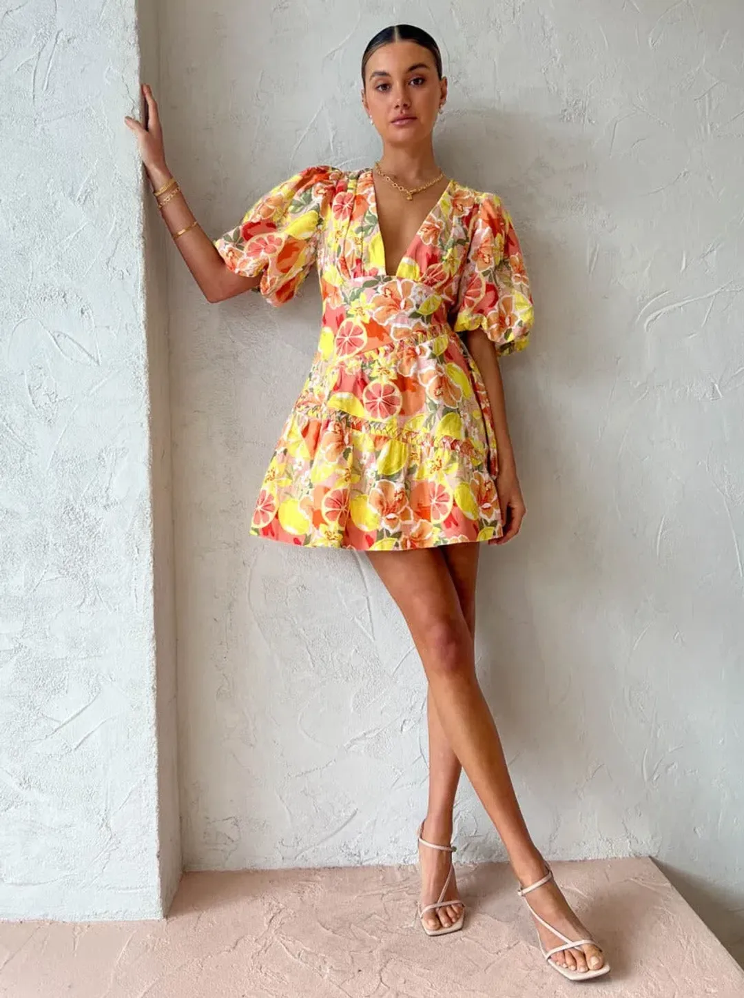 By Nicola Sol Puff Sleeve Mini Dress in Citrus Print Size 6 for rent on The Volte - main image