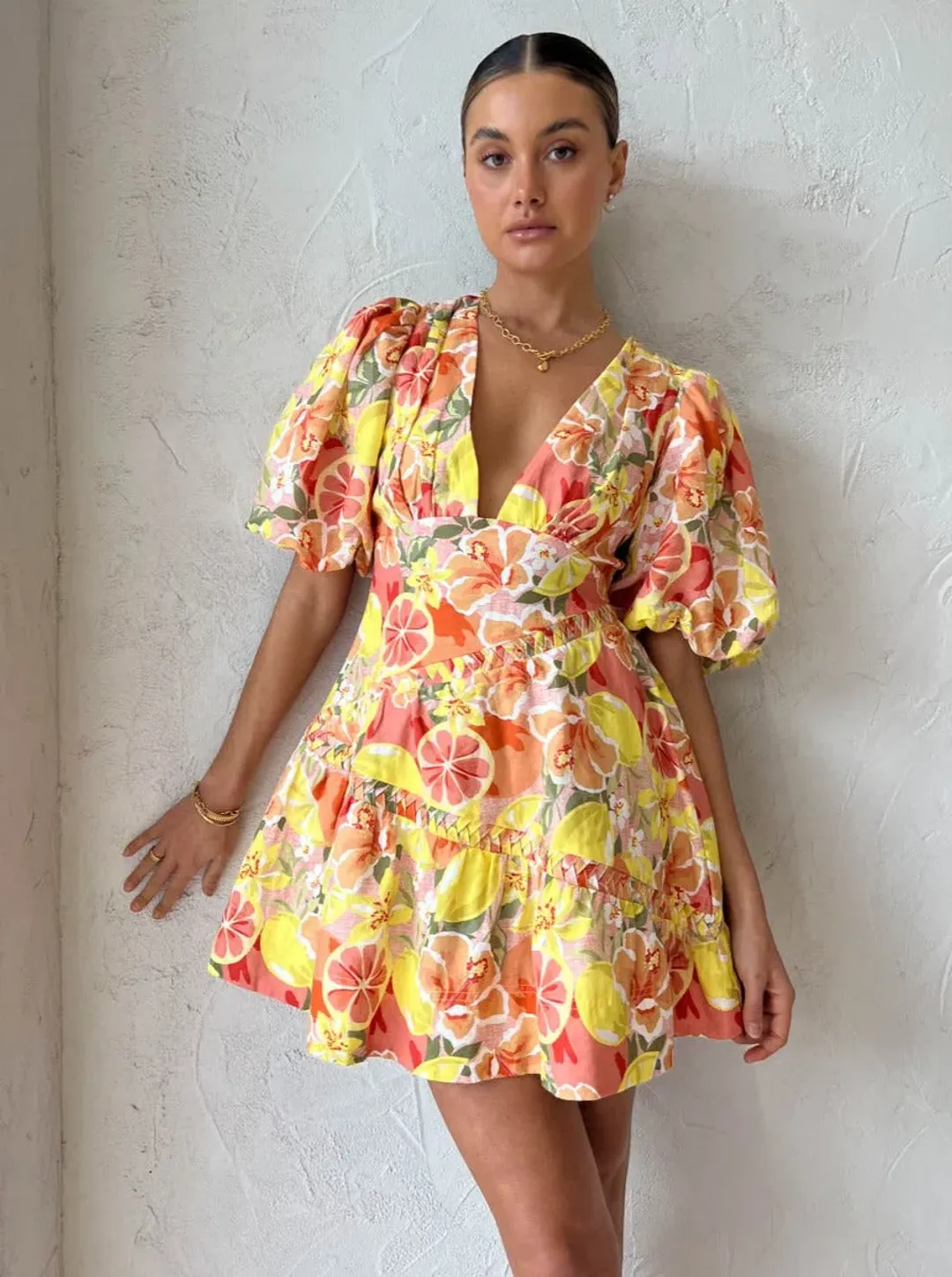 By Nicola Sol Puff Sleeve Mini Dress in Citrus Print Size 6 for rent on The Volte - main image