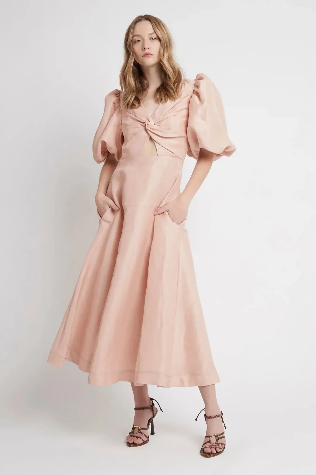 Aje Dusk Knot Puff Sleeve Midi Dress Blush Size AU 16 for rent on The Volte - main image