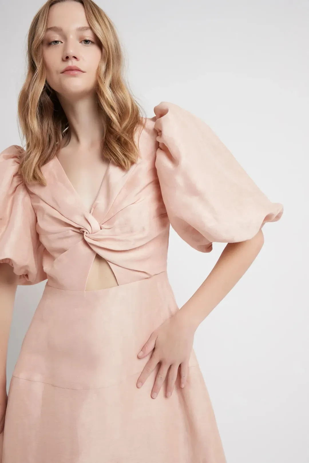 Aje Dusk Knot Puff Sleeve Midi Dress Blush Size AU 16 for rent on The Volte - main image