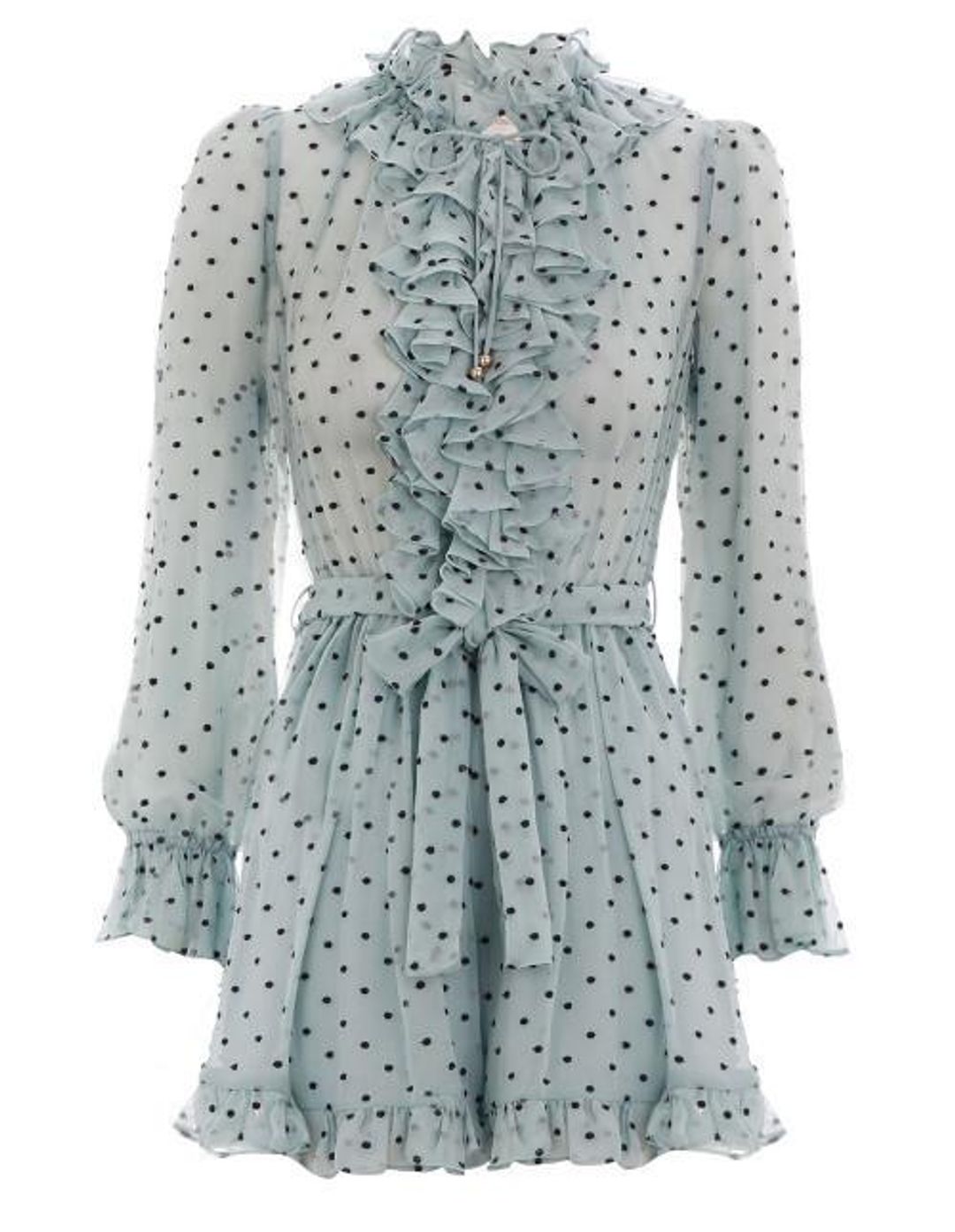 Zimmermann Whitewave Ruffle Playsuit Seafoam/Navy Dot Size 8 for rent on The Volte - main image
