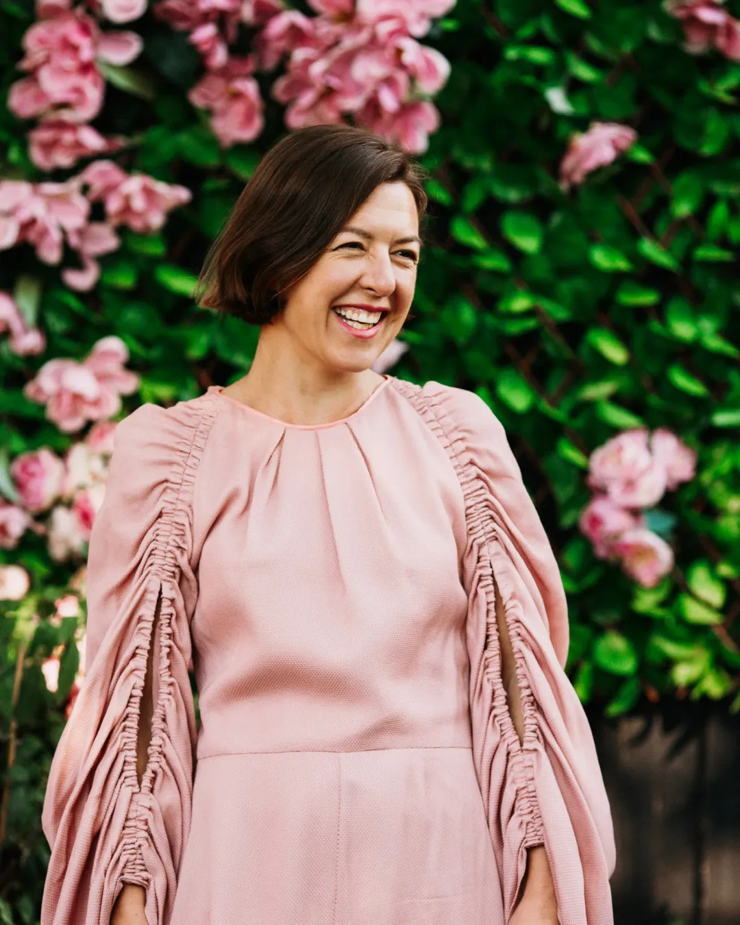 Roksanda Silk Midi Dress With Ruched Sleeves Pastel Pink Size AU 8 for rent on The Volte - main image