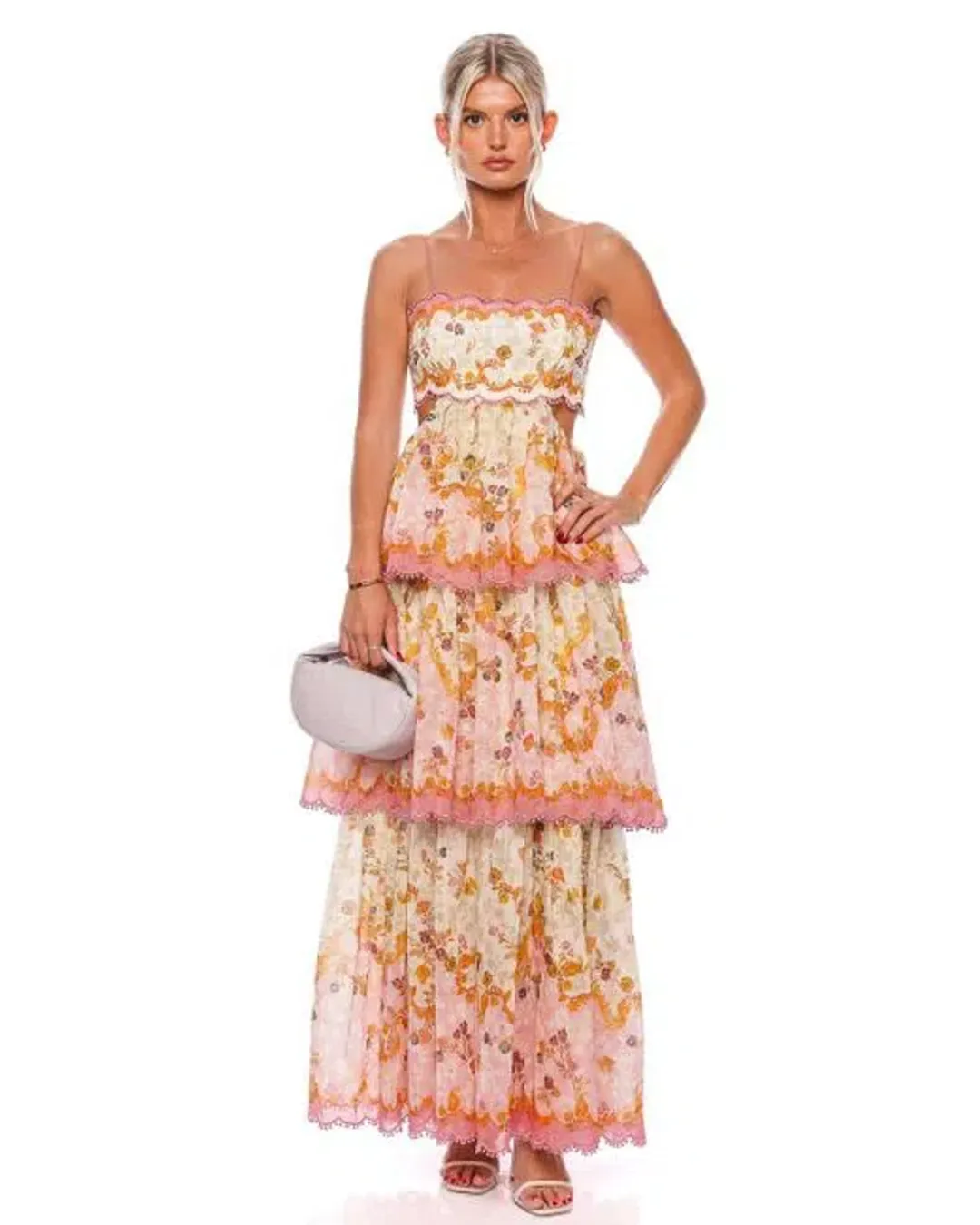 Zimmermann Laurel Frill Midi Dress in Pink Green FloralSize 2 / Au 12 for rent on The Volte - main image