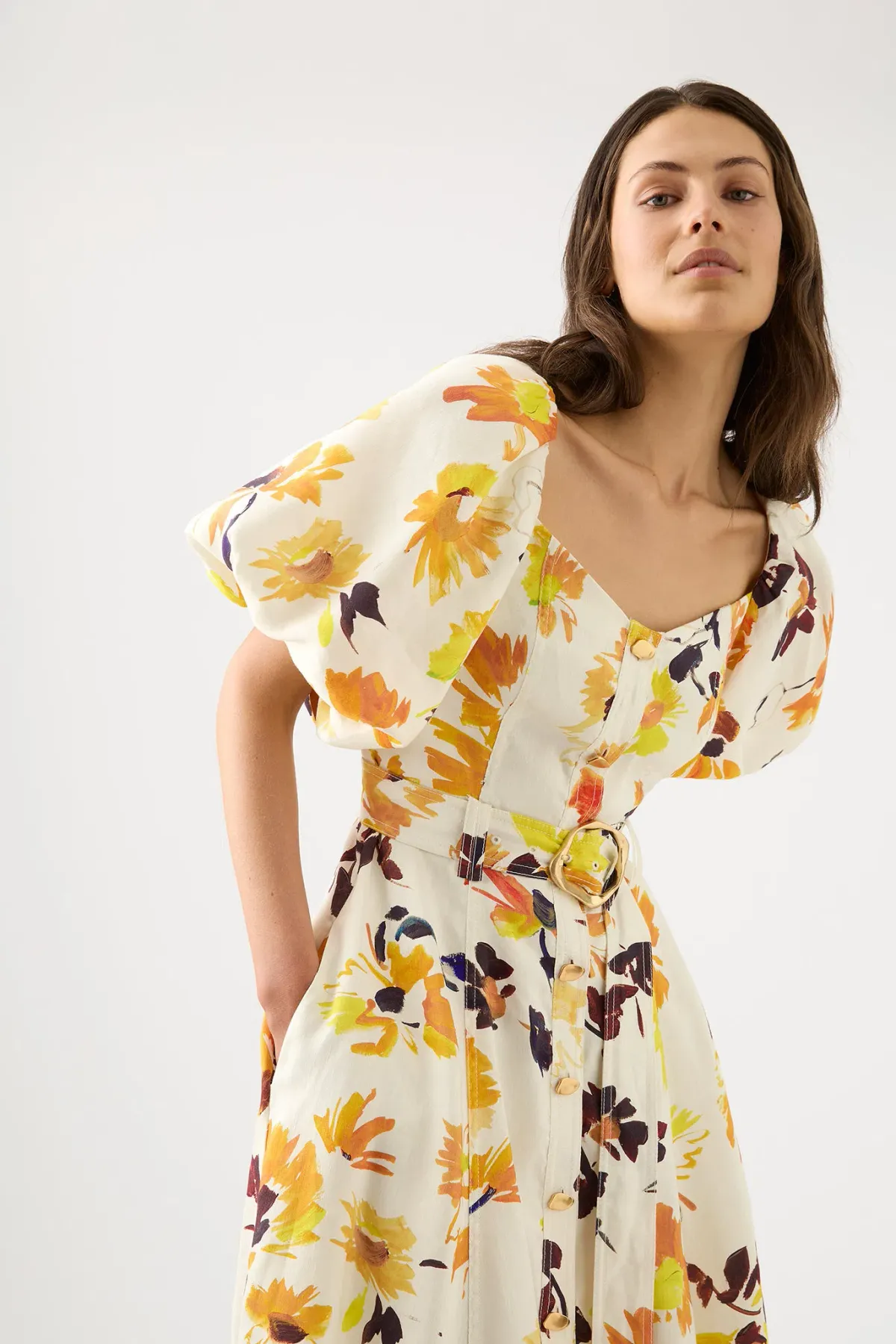 Aje Soleil Belted Midi Dress Pressed Sunflowers Size 10 - Image 3