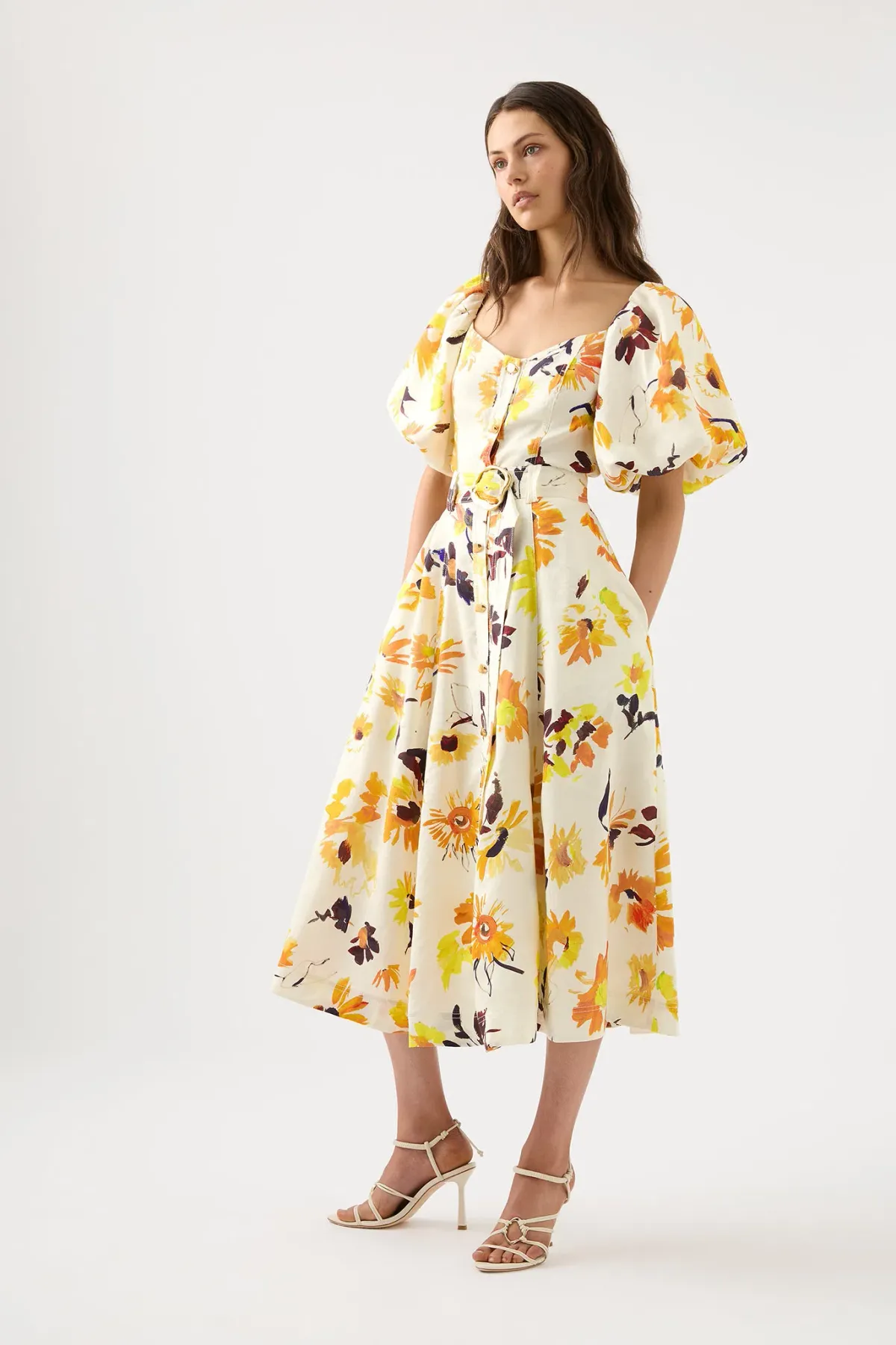 Aje Soleil Belted Midi Dress Pressed Sunflowers Size 10 - Image 2