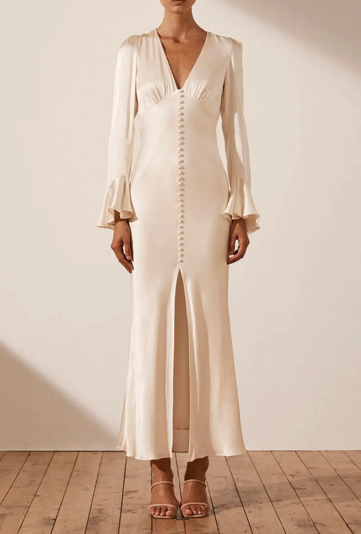 Shona Joy La Lune Frill Cuff Bias Midi Dress Cream Size 8 / S - Image 1