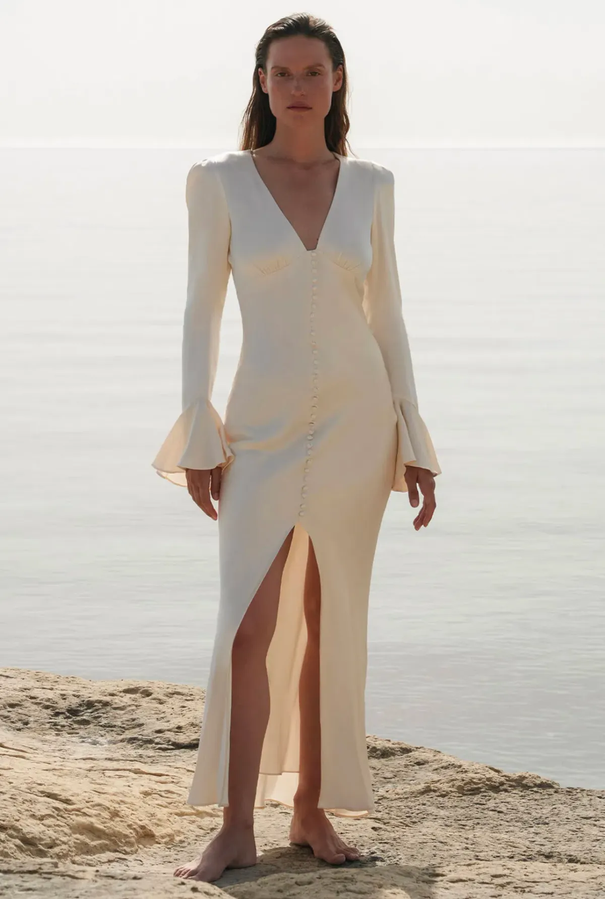 Shona Joy La Lune Frill Cuff Bias Midi Dress Cream Size 8 / S - Image 3