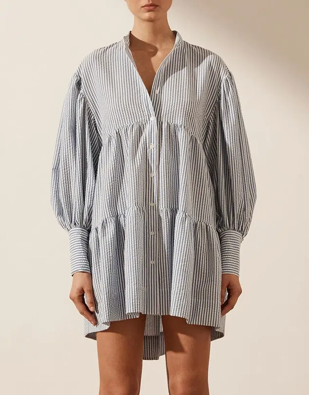 Shona Joy Roberta Balloon Sleeve Tiered Mini Dress Blue Size 8 / S for rent on The Volte - main image