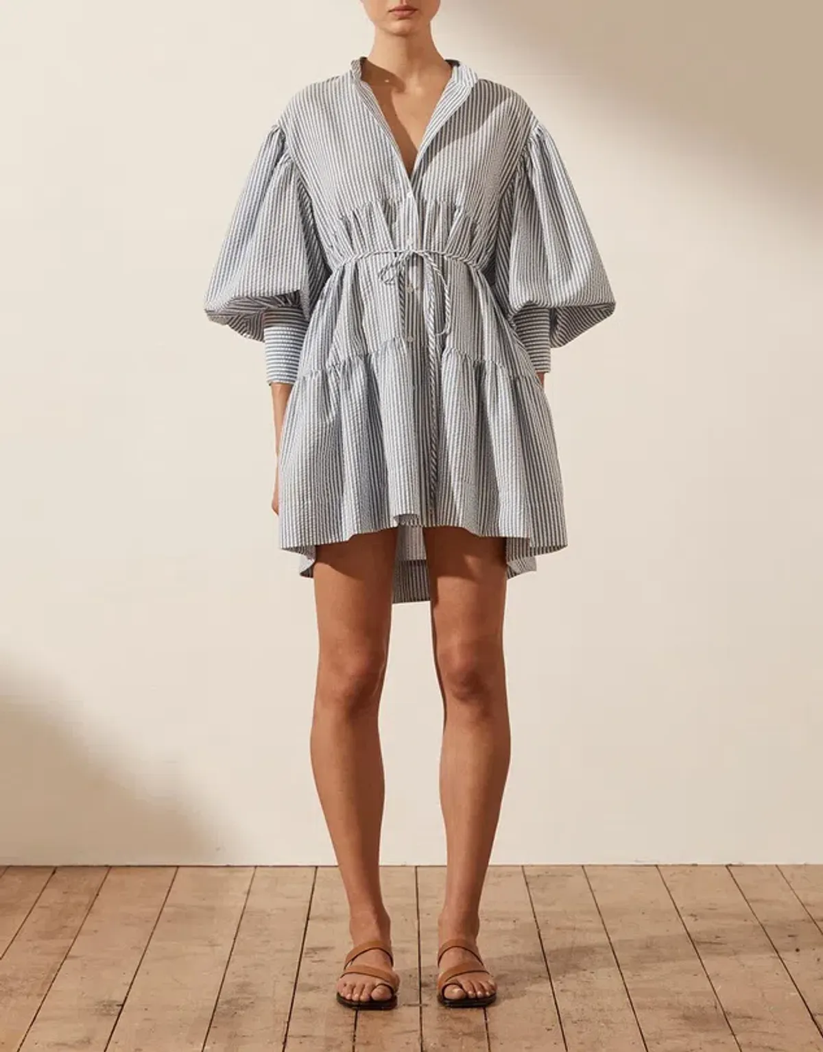 Shona Joy Roberta Balloon Sleeve Tiered Mini Dress Blue Size 8 / S - Image 1