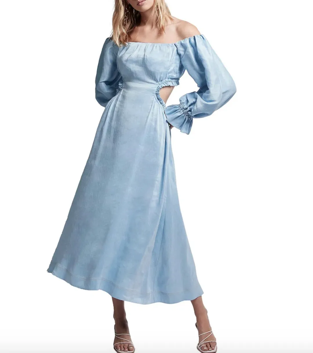 Aje Overture Blouson Midi Dress Off Shoulder Blue Size AU 4 for rent on The Volte - main image