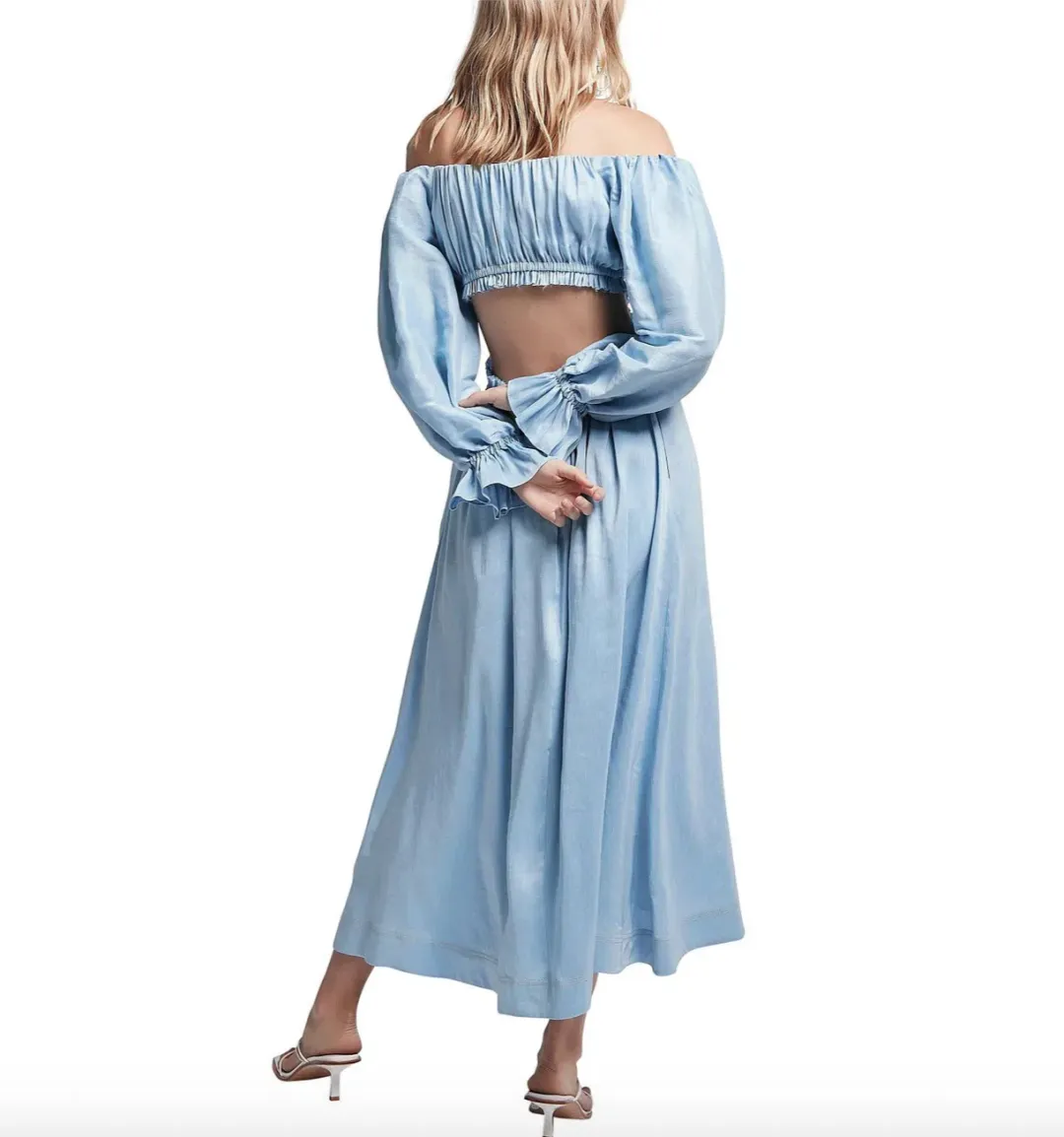 Aje Overture Blouson Midi Dress Off Shoulder Blue Size AU 4 for rent on The Volte - main image