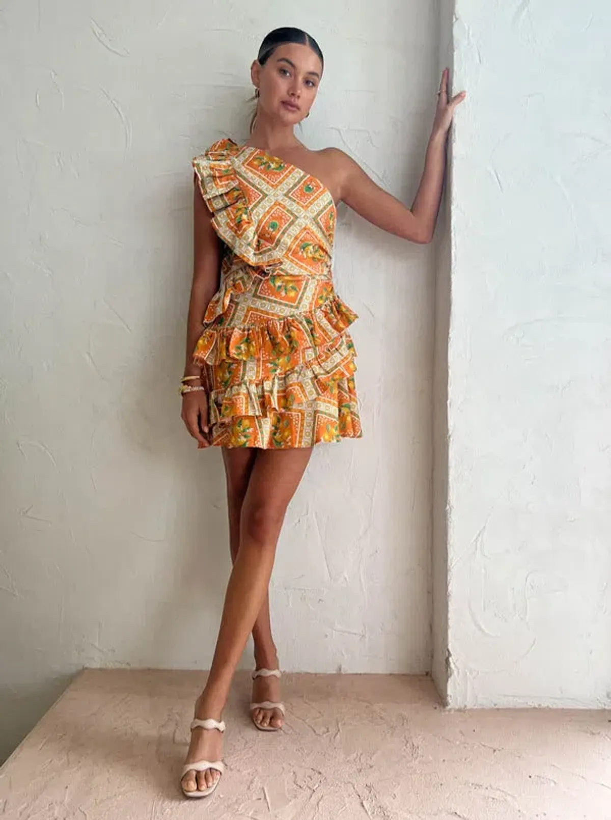By Nicola Adrift Frill Mini Dress in Orange Mosaic Print Size 10 - Image 1