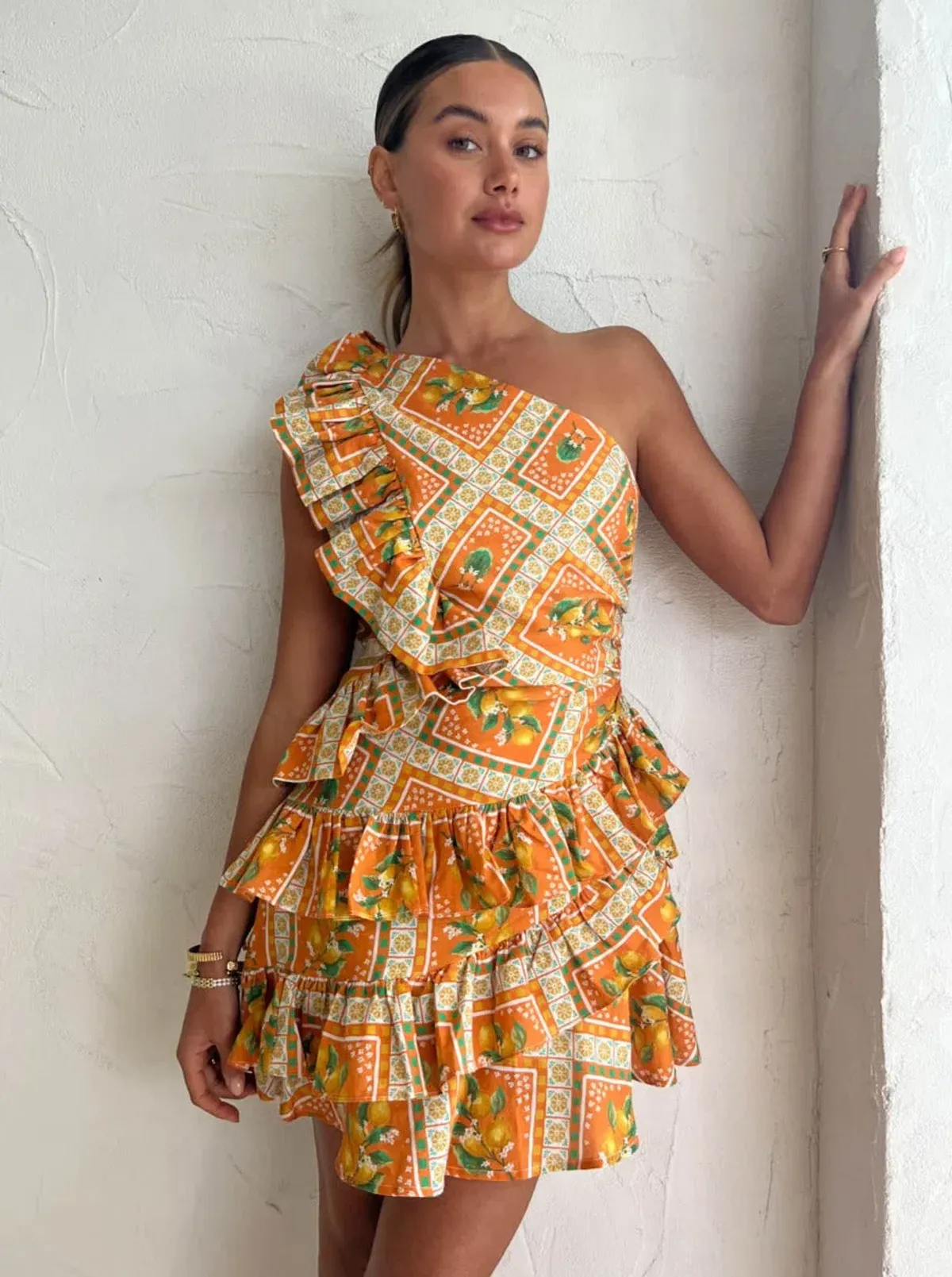 By Nicola Adrift Frill Mini Dress in Orange Mosaic Print Size 10 - Image 2