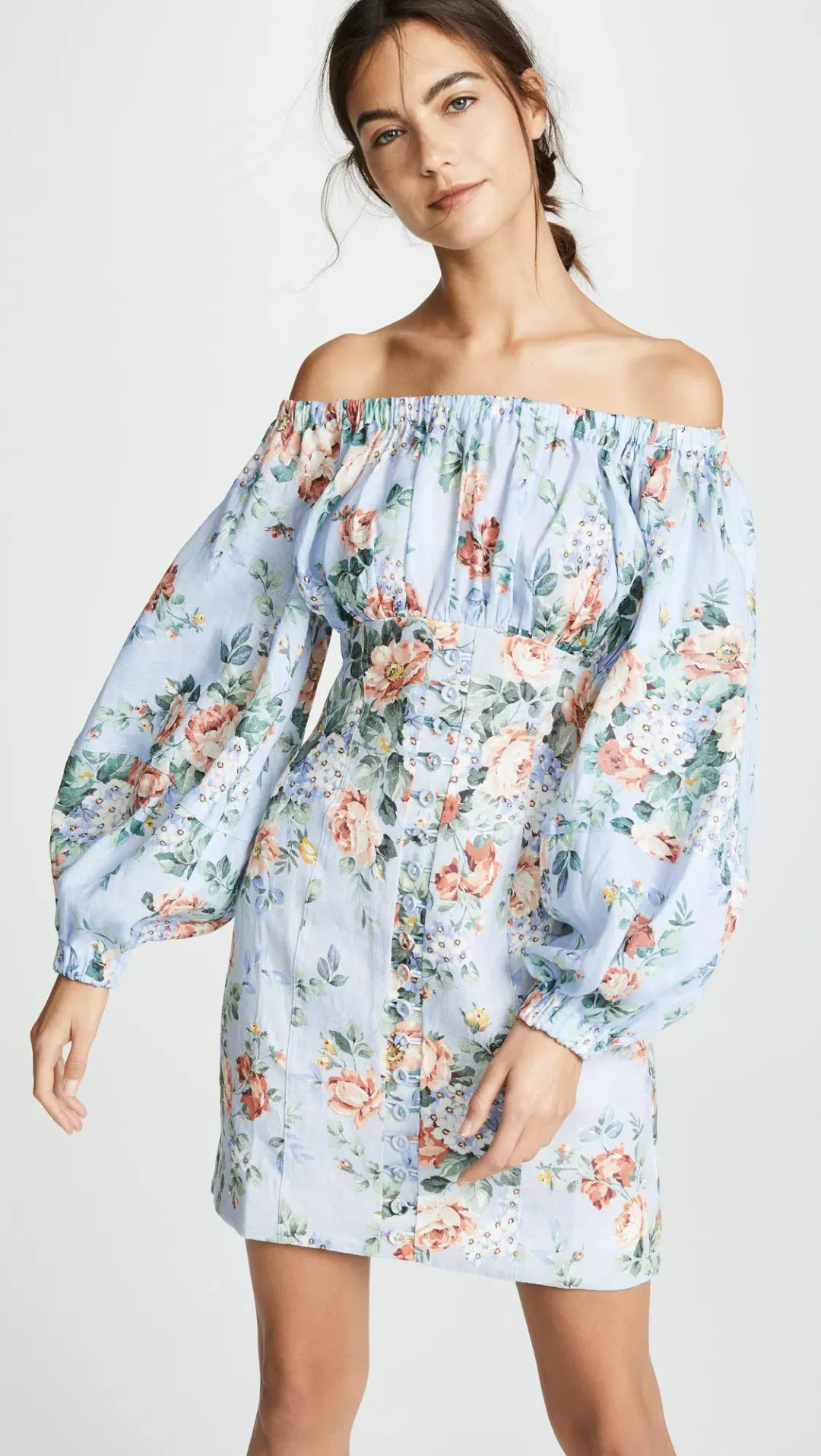 Zimmermann Bowie Off Shoulder Mini Dress Blue Floral Size 8 for rent on The Volte - main image