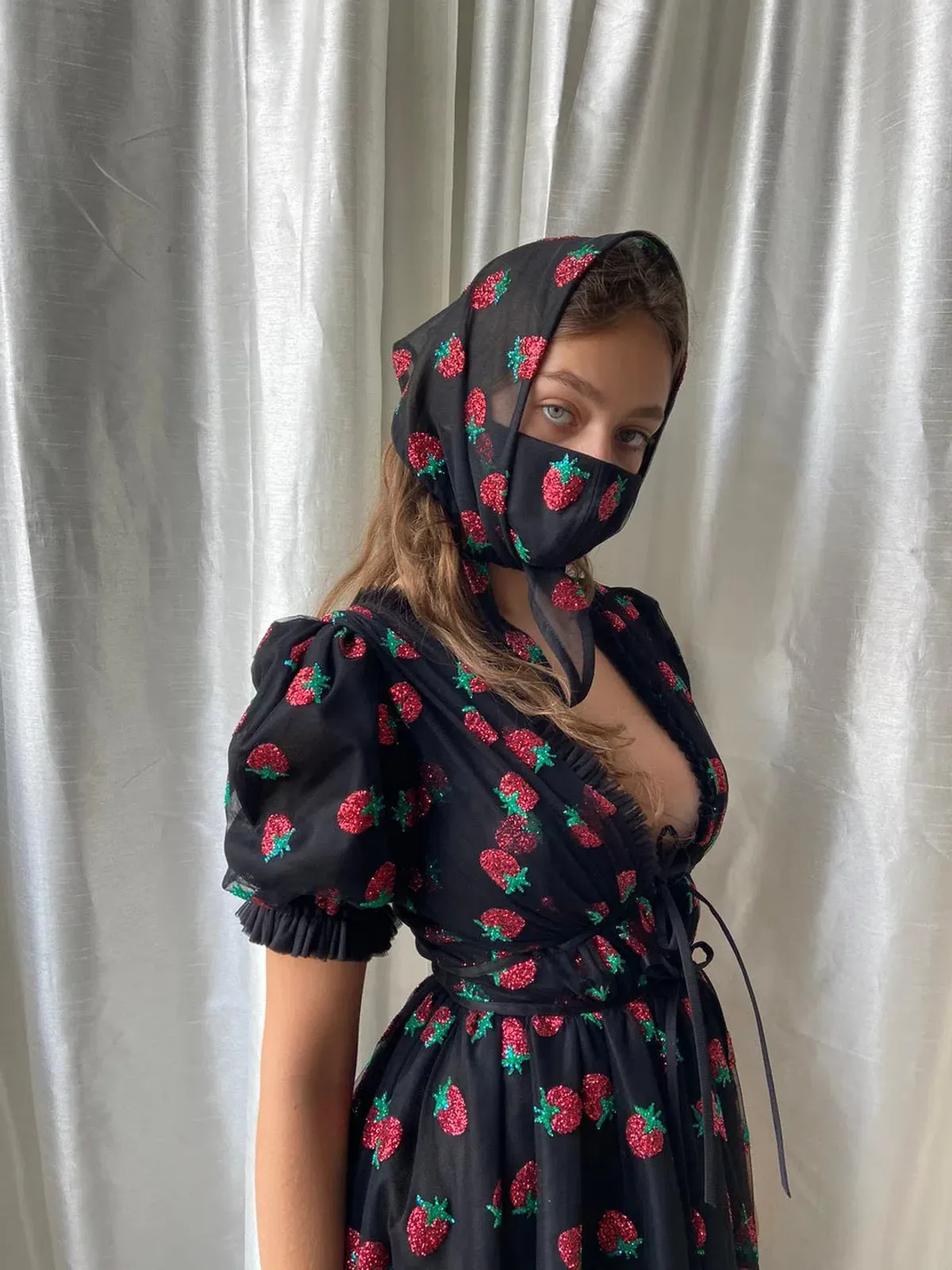 Lirika Matoshi Black Strawberry Midi Dress & Scarf Size Small/Au 8  - Image 3