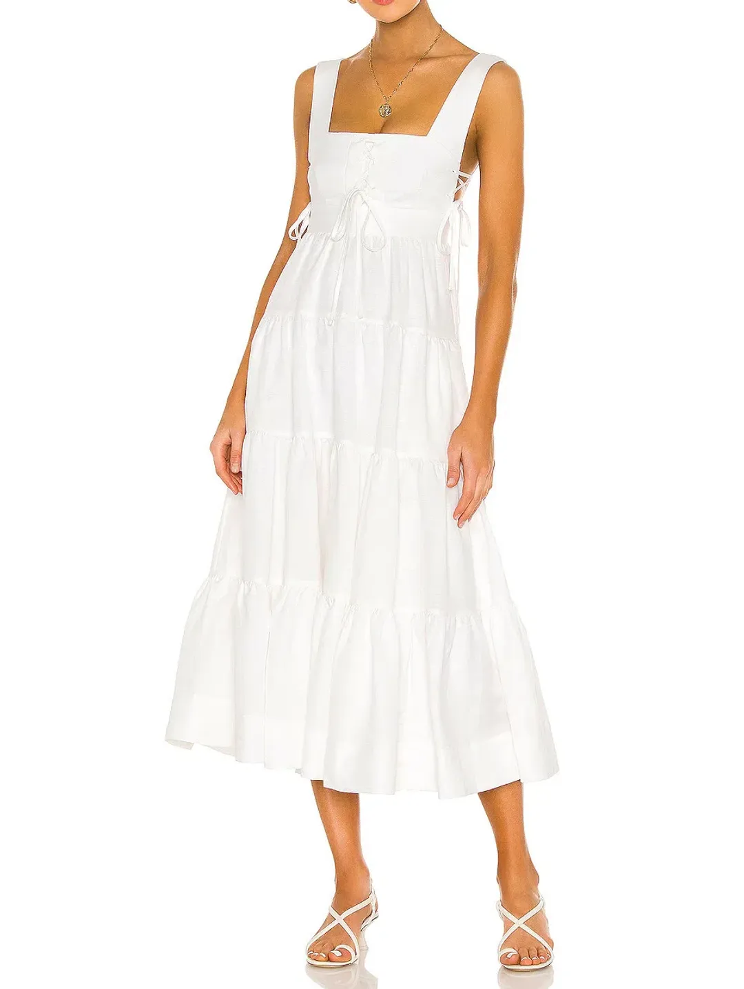 Shona Joy Blanca Lace Up Tiered Midi Dress Ivory Size 8  for rent on The Volte - main image