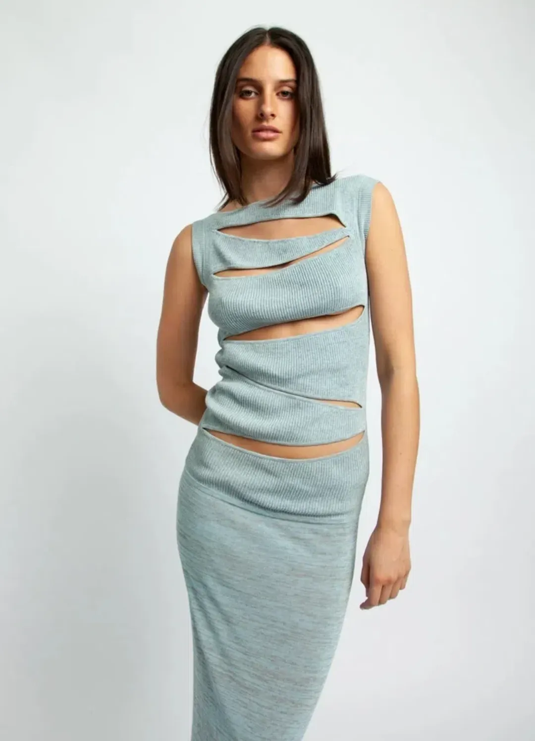 Christopher Esber Slashed Knit Mini Dress Blue Size AU 6 for rent on The Volte - main image