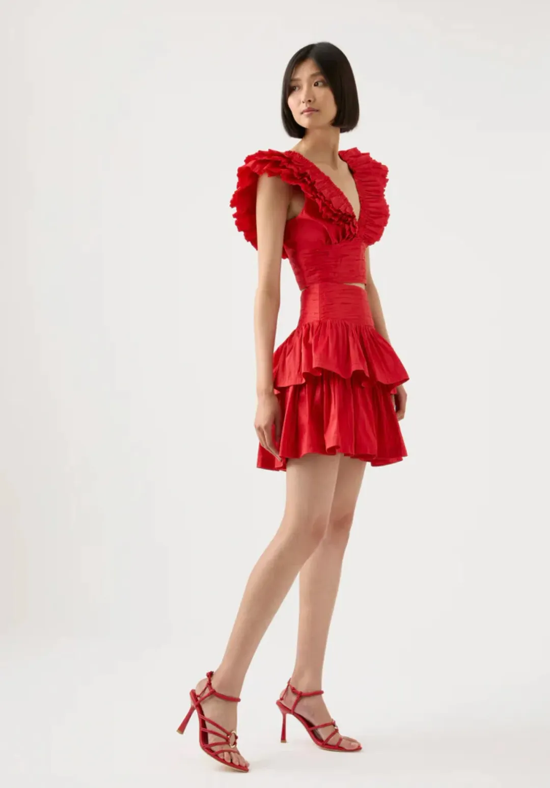 Aje Rhythmic Frill Bodice & Tiered Mini Skirt Set Scarlet Size 10 for rent on The Volte - main image