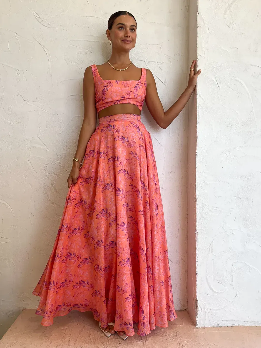 Sonya Moda Serena Maxi Skirt & Top In Peach Watercolour Print Size 8  for rent on The Volte - main image