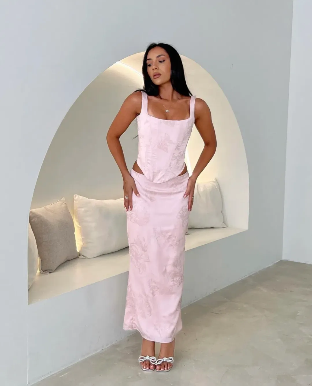 House of CB Luisette Metallic Midi Skirt & Rafa Corset Set Pink Floral Size 8 for rent on The Volte - main image