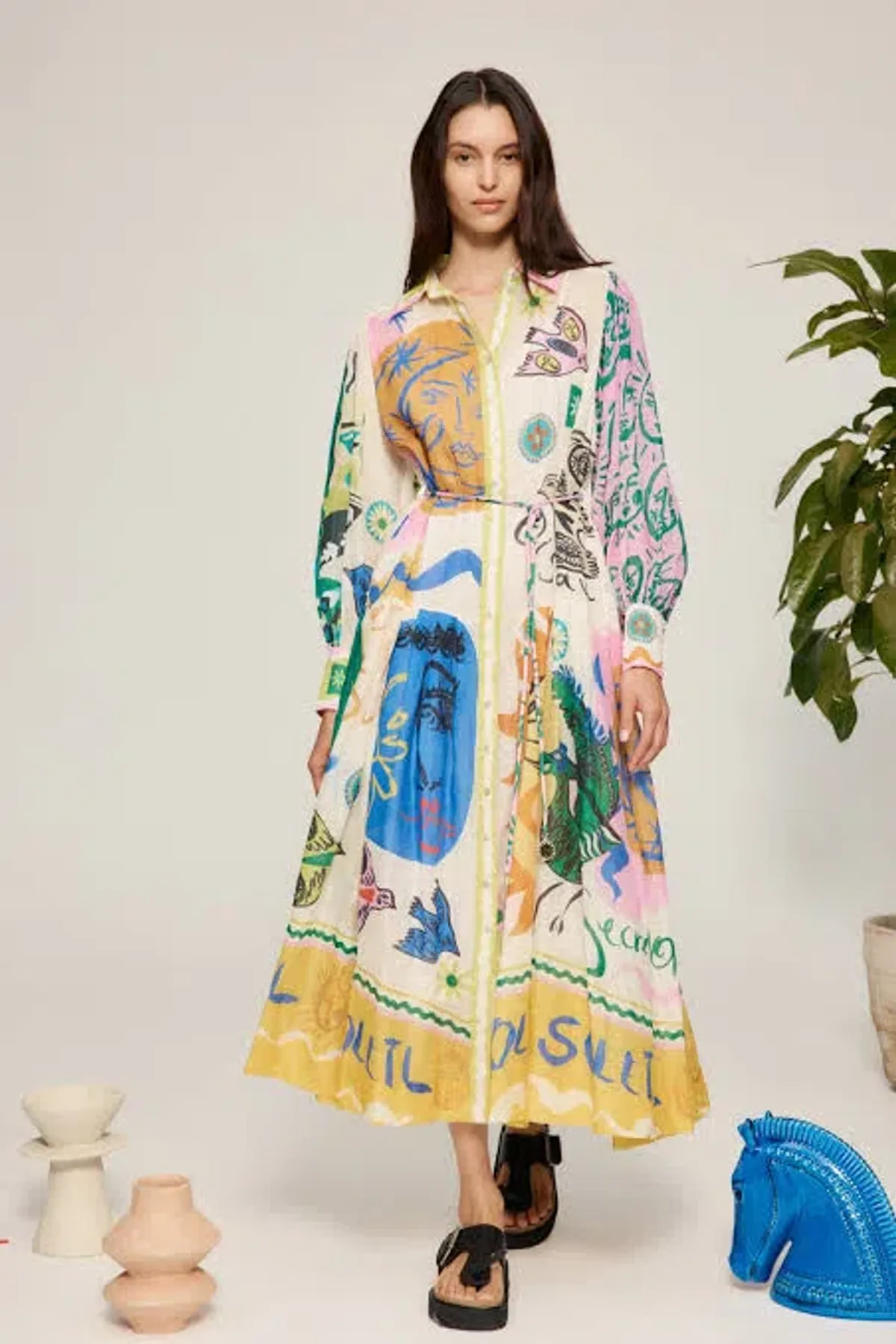 Alemais Soleil Patchwork Midi Shirtdress Long Sleeve in Cream Size AU 6 - Image 1