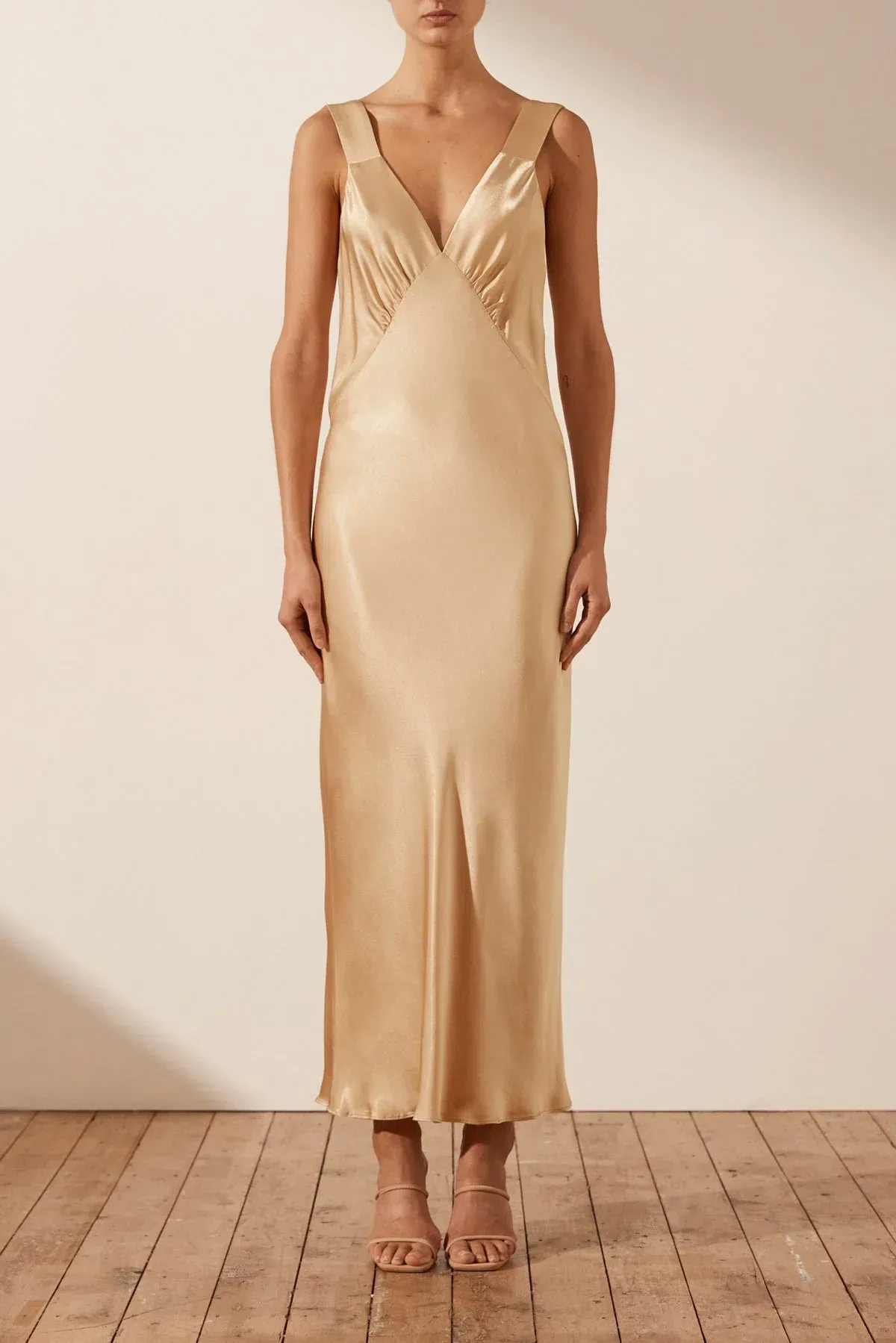 Shona Joy Felicity Plunge Midi Dress in Porcini Gold Size 6 - Image 1