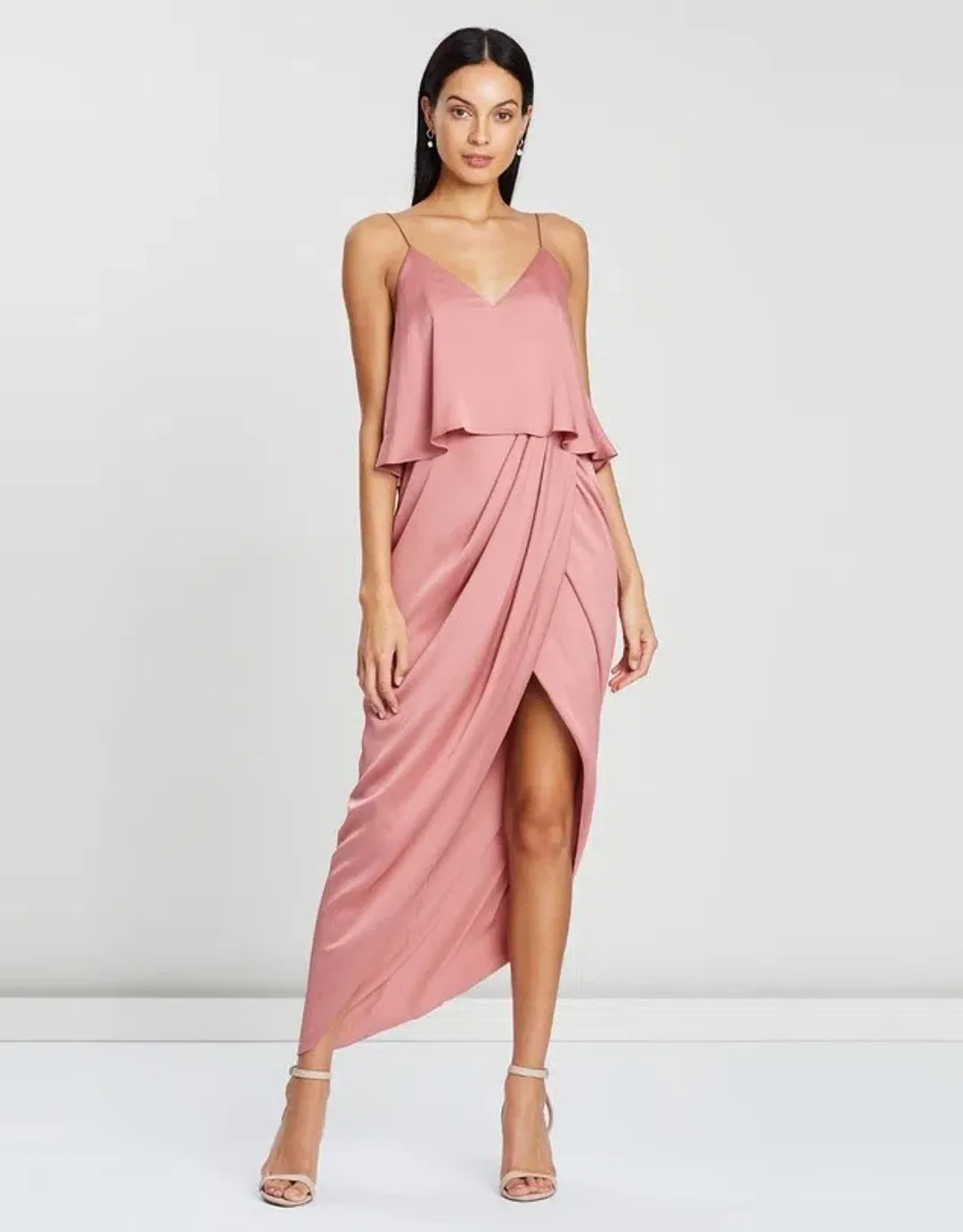 Shona Joy Luxe Draped Cocktail Frill Dress in Rose Size 10 for rent on The Volte - main image