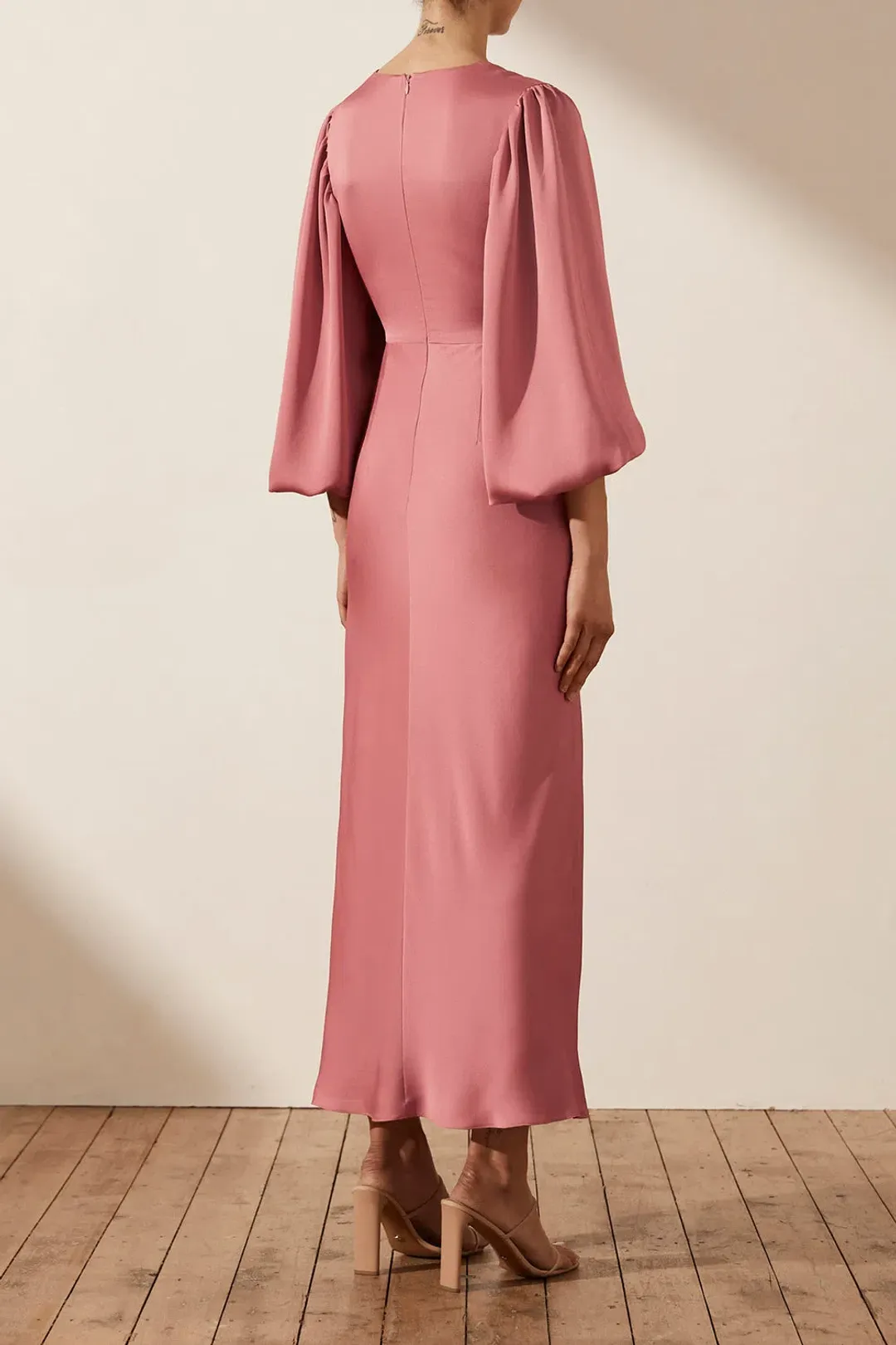 Shona Joy Luxe Twist Front Balloon Sleeve Midi Dress Pink Size 6 / XS for rent on The Volte - main image