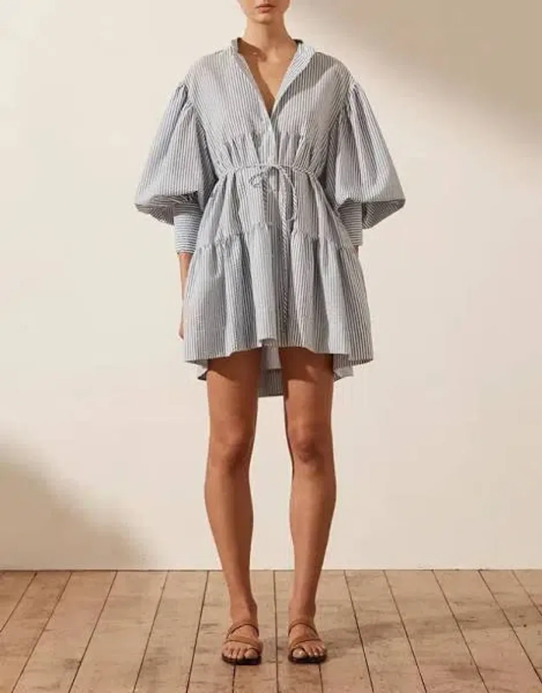 Shona Joy Roberta Balloon Sleeve Tiered Mini Dress Blue Size 12 / L for rent on The Volte - main image