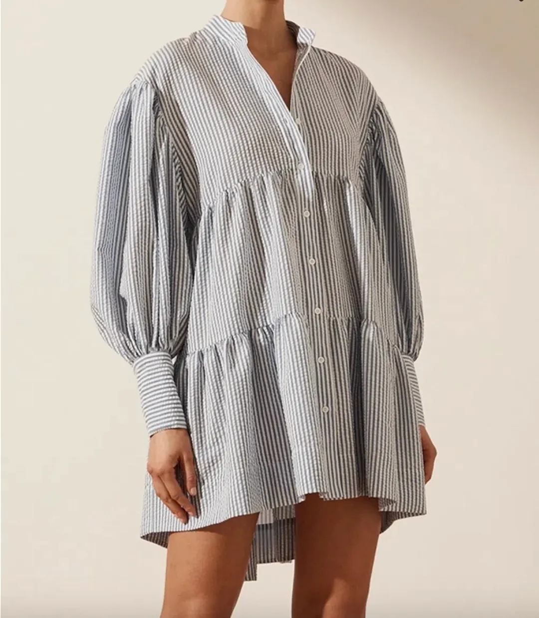 Shona Joy Roberta Balloon Sleeve Tiered Mini Dress Blue Size 12 / L for rent on The Volte - main image