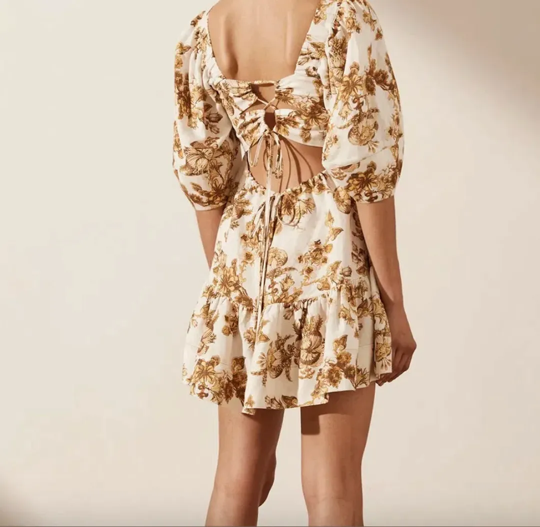 Shona Joy Bella Linen Open Back Mini Dress Floral Size 12 / L for rent on The Volte - main image