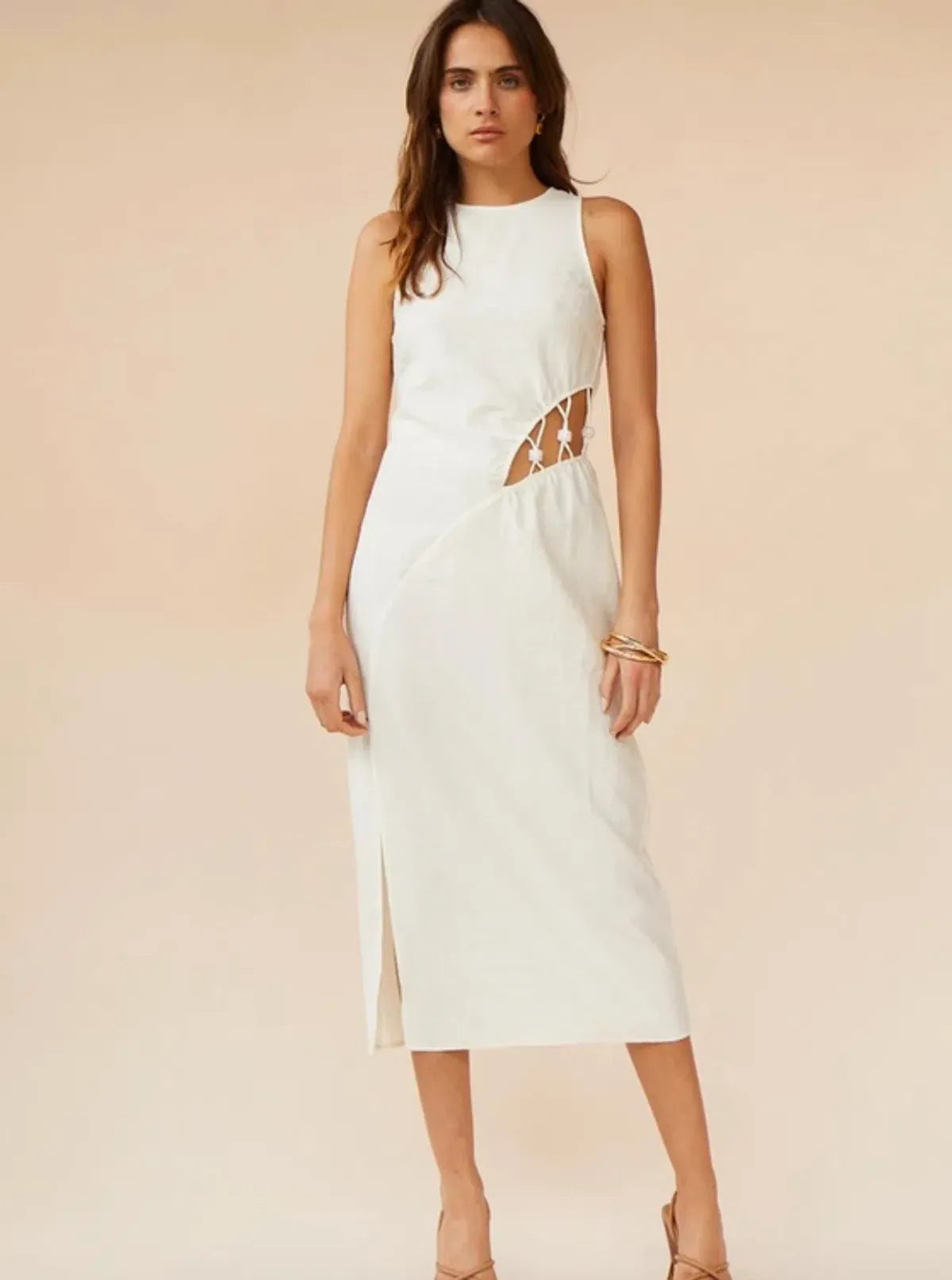 Suboo Astrid Resin Waist Detail Midi Dress in Ivory - Image 1