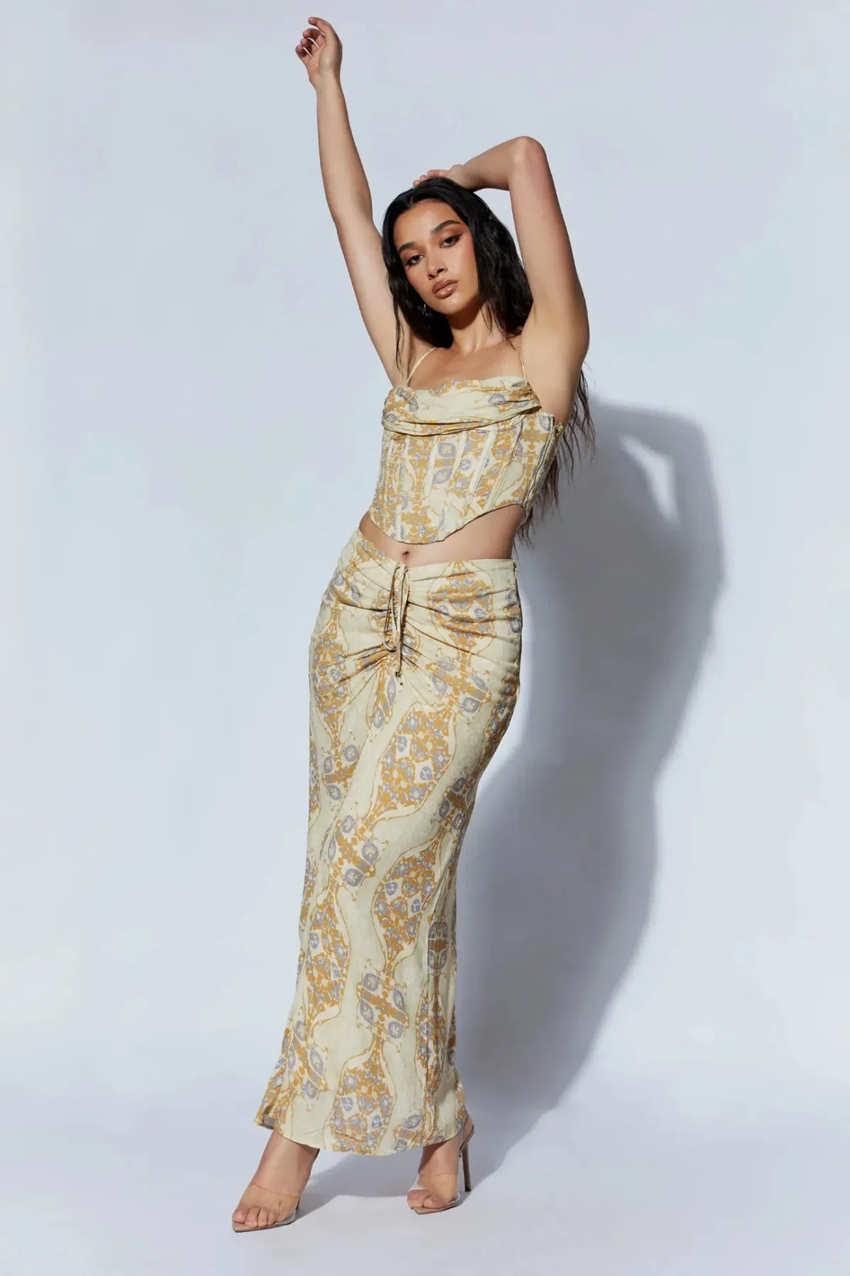 Meshki Cyra Corset Top And Afra Front Ruched Midi Skirt Persian Print Beige Size AU 8 - Image 1