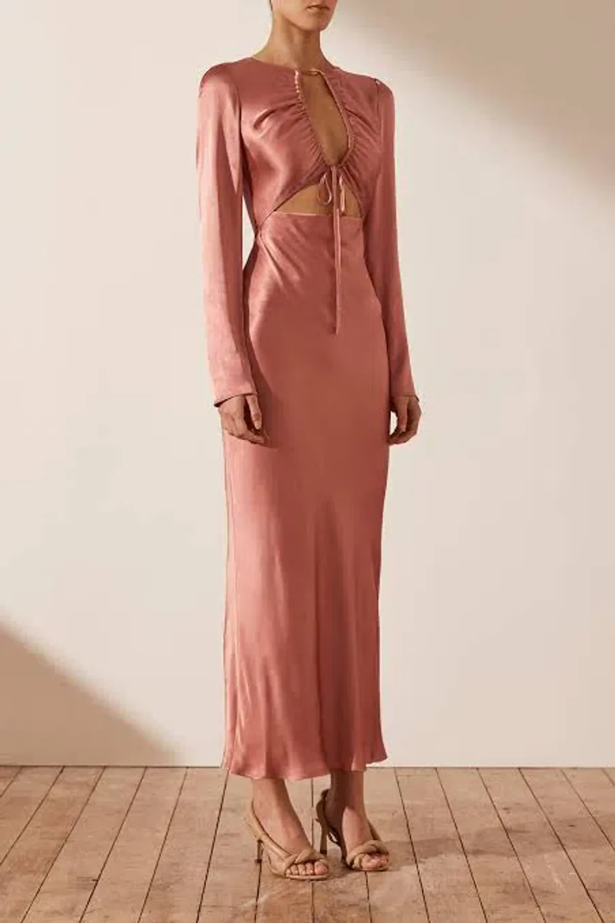 Shona Joy Angelica Long Sleeve Cut Out Front Midi Dress in Rouge Pink Size AU 10 - Image 2