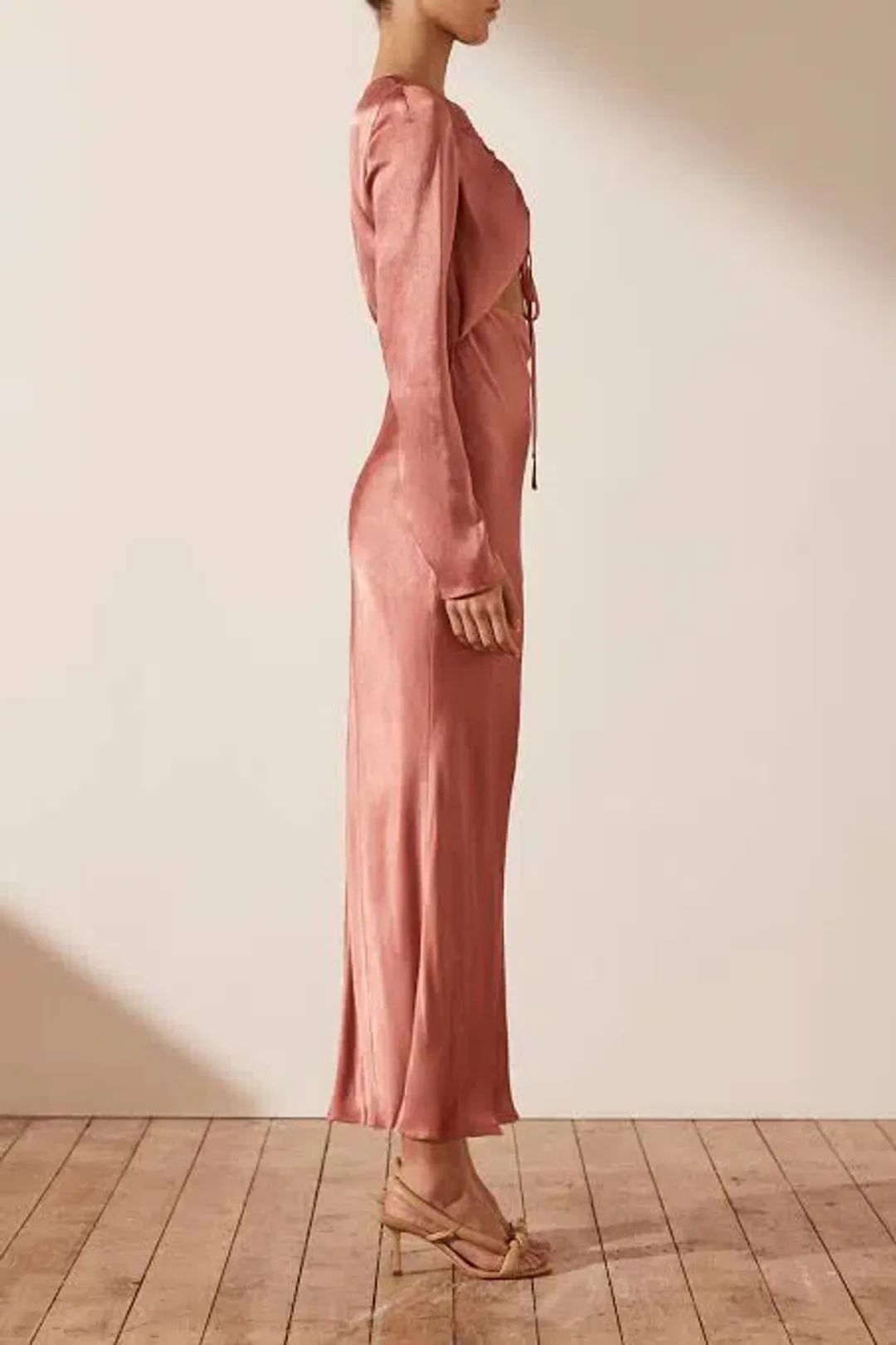 Shona Joy Angelica Long Sleeve Cut Out Front Midi Dress in Rouge Pink Size AU 10 for rent on The Volte - main image