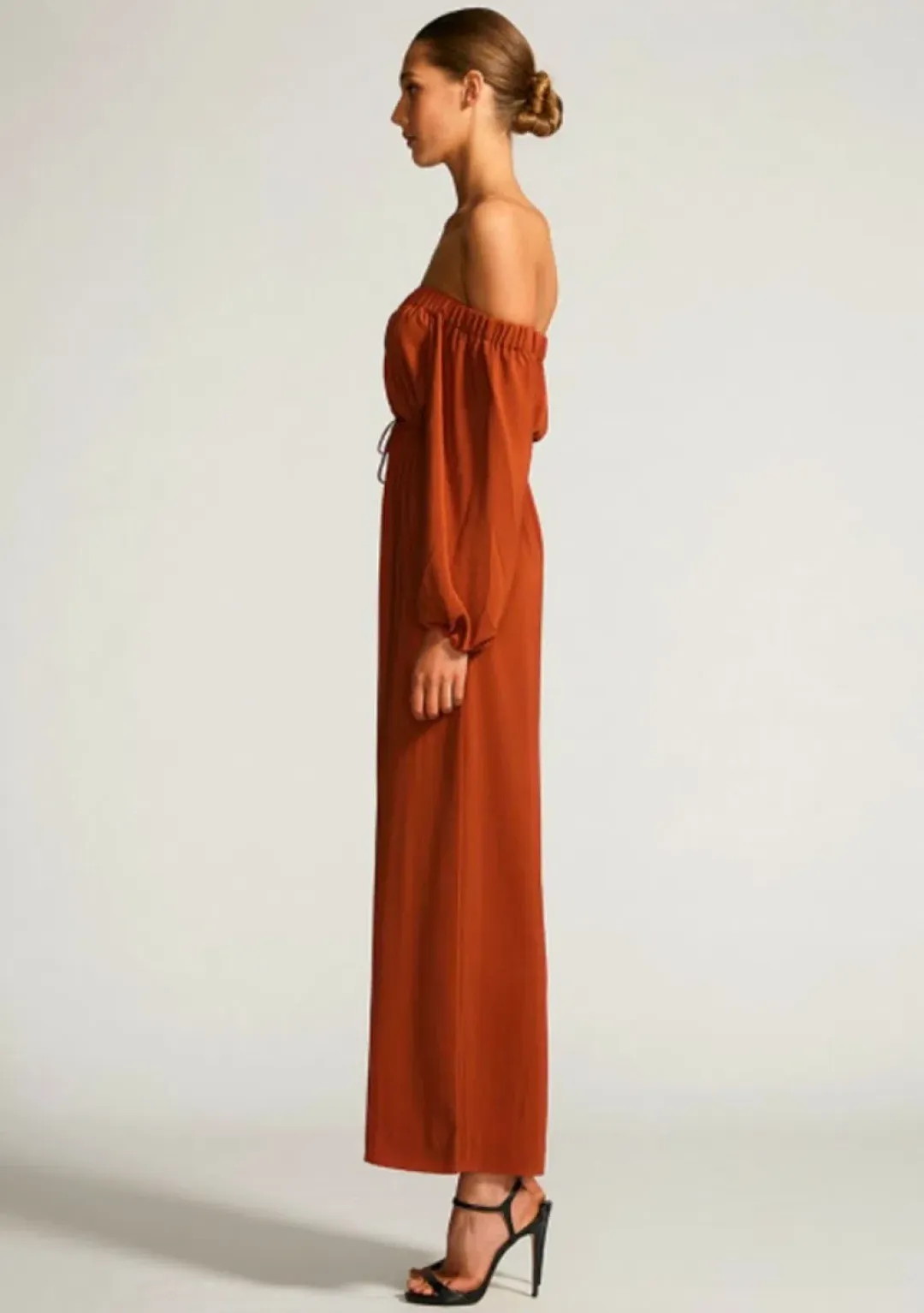 Shona Joy Off The Shoulder Jumpsuit Rust  Size 8 for rent on The Volte - main image