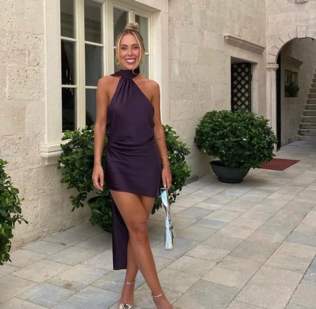 House Of CB Aida Asymmetrical Wrap Neck Dress Night Shade Size S / Au 8 for rent on The Volte - main image