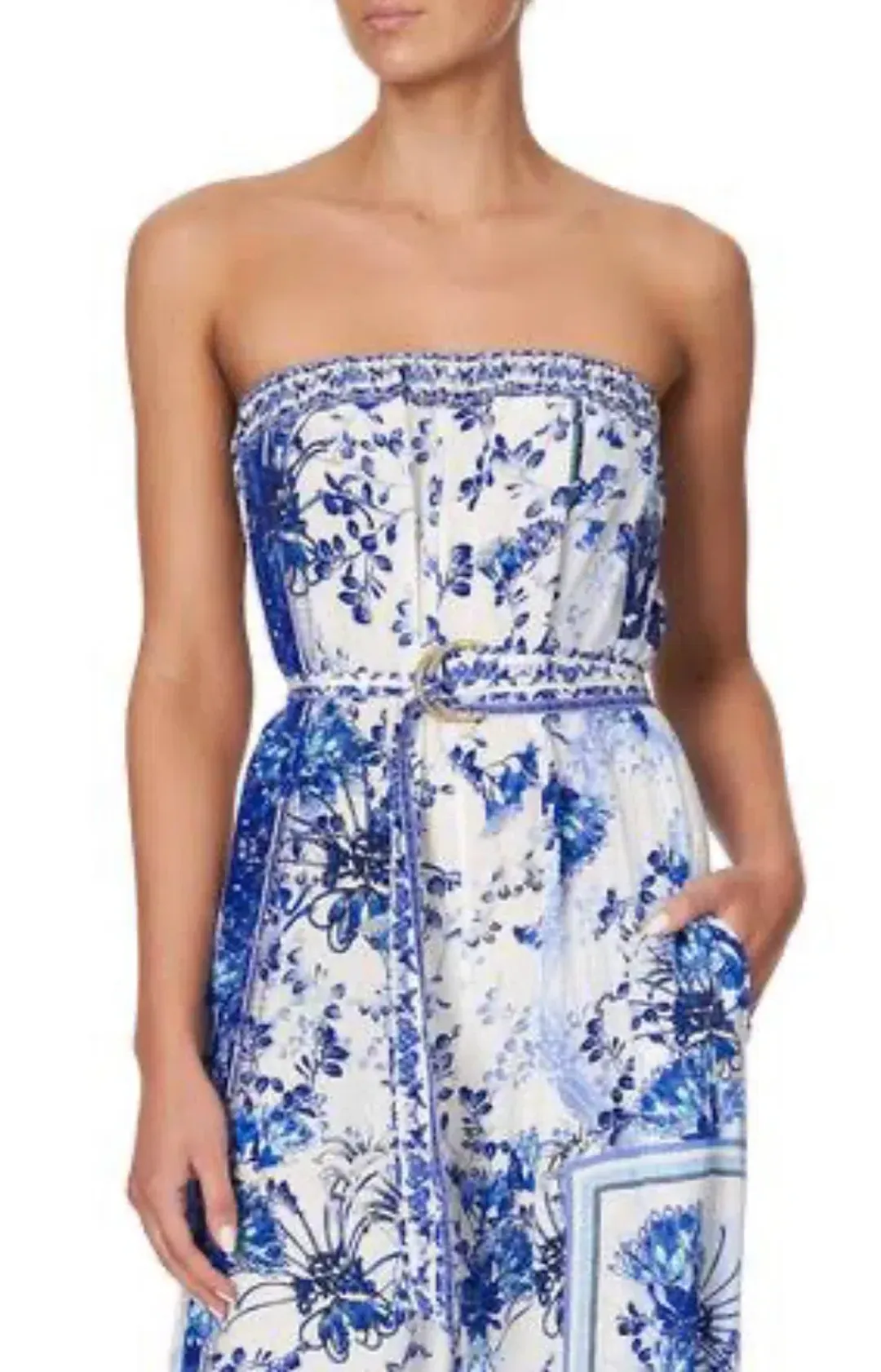 Camilla Strapless Jumpsuit With D Ring Belt in Cards From The Coast Print Size XS / Au 8 for rent on The Volte - main image