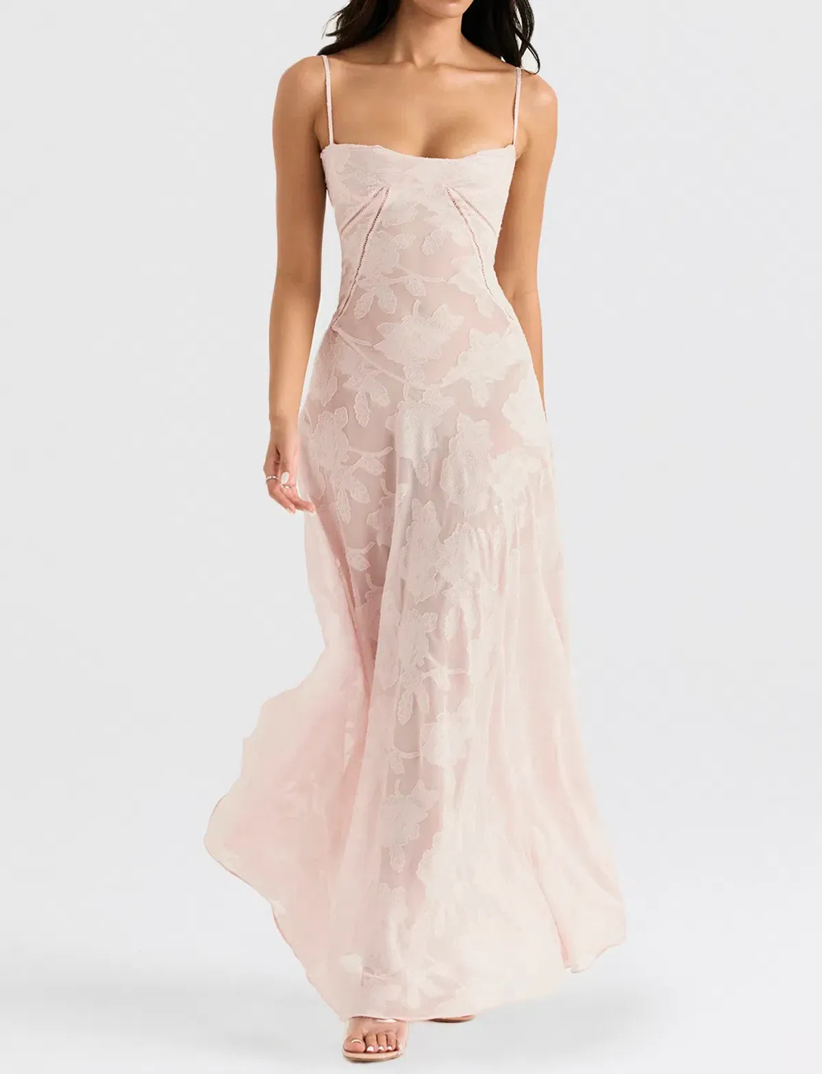 House of CB Seren Lace Back Maxi Dress Soft Pink Floral Size M / 10 for rent on The Volte - main image