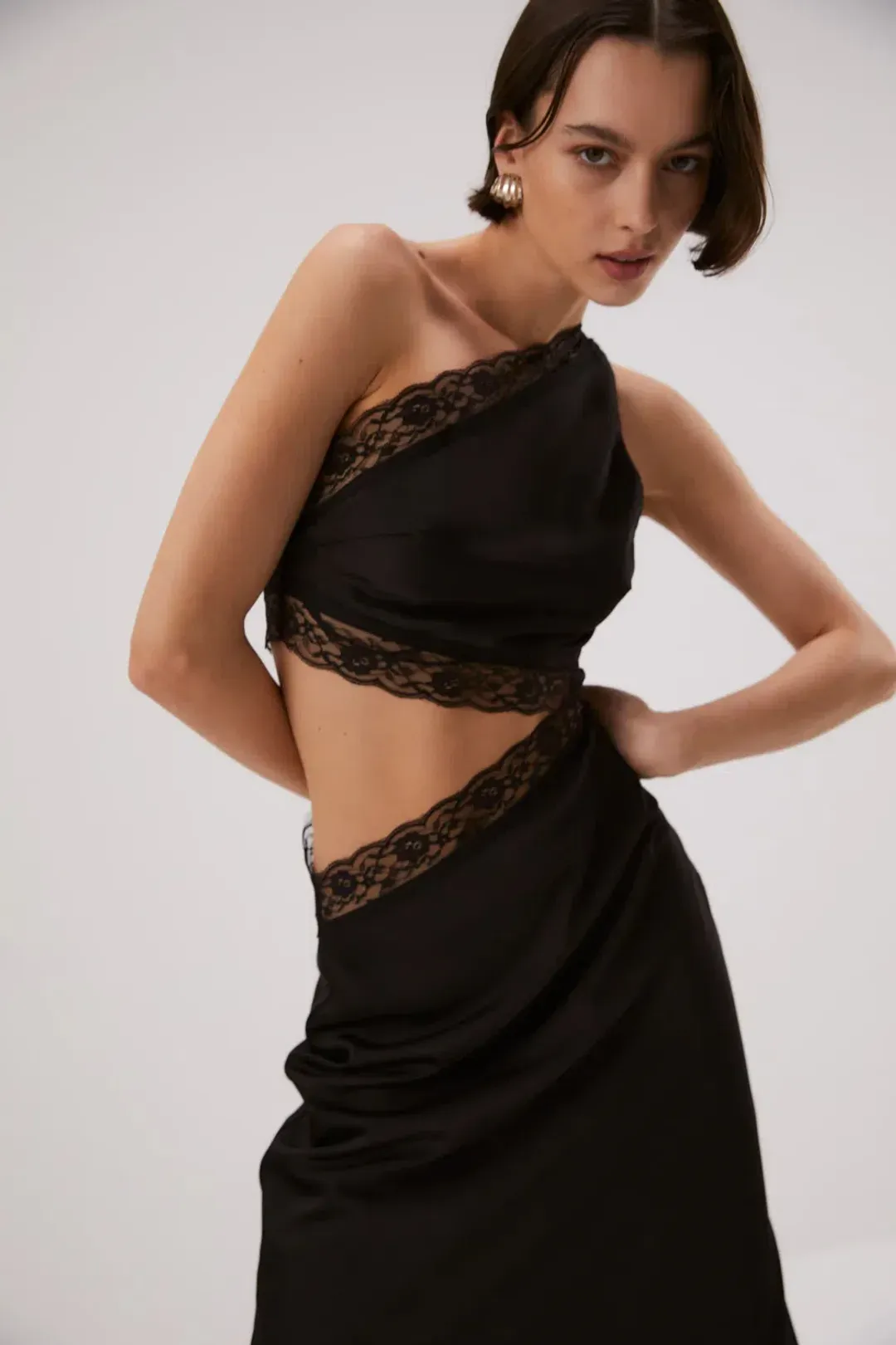 Misha Collection Jillian Satin Maxi Dress With Lace Cut Out One Shoulder Detail Asymmetric Black Sir the Label Style Size AU 8 for rent on The Volte - main image