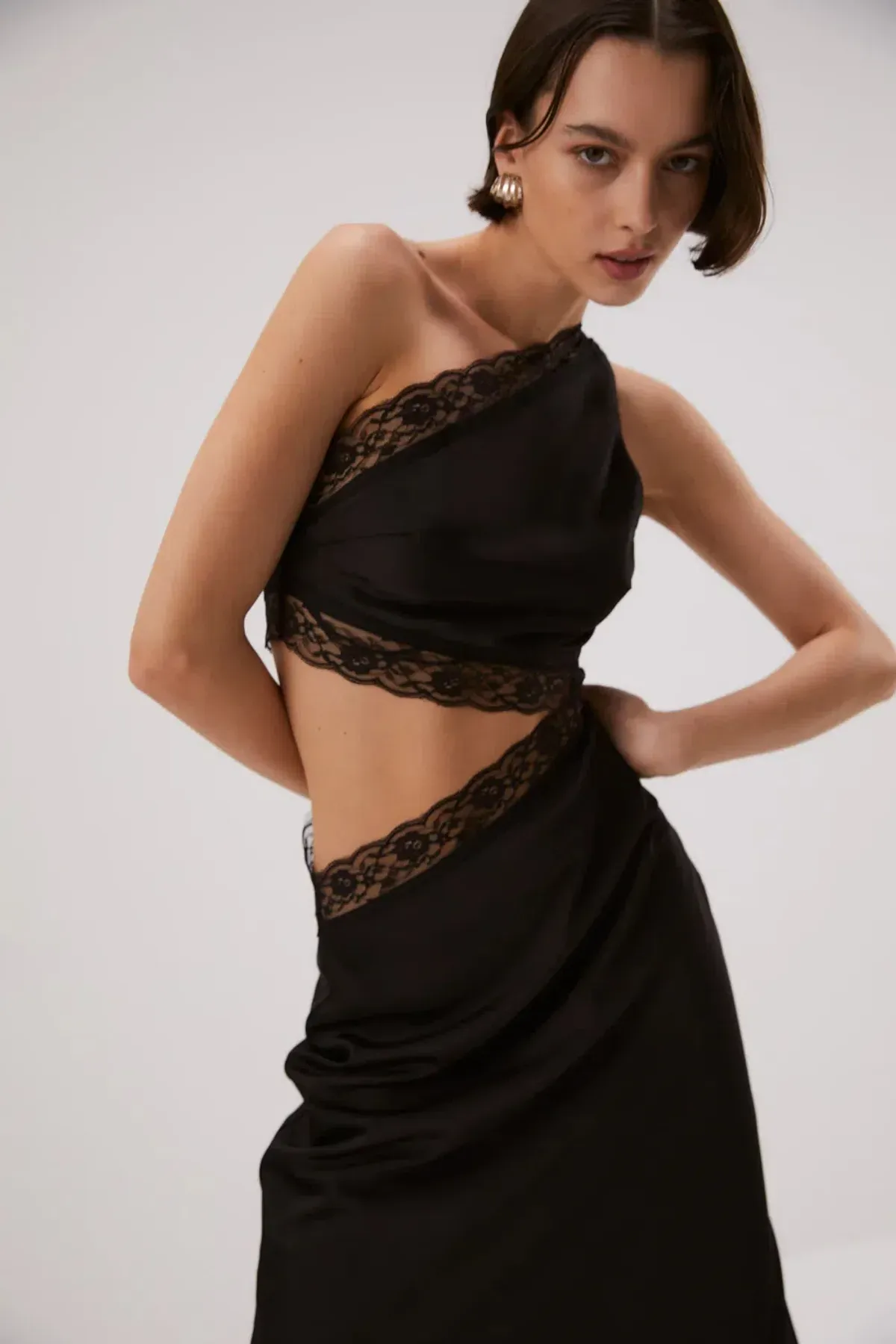 Misha Collection Jillian Satin Maxi Dress With Lace Cut Out One Shoulder Detail Asymmetric Black Sir the Label Style Size AU 8 - Image 2